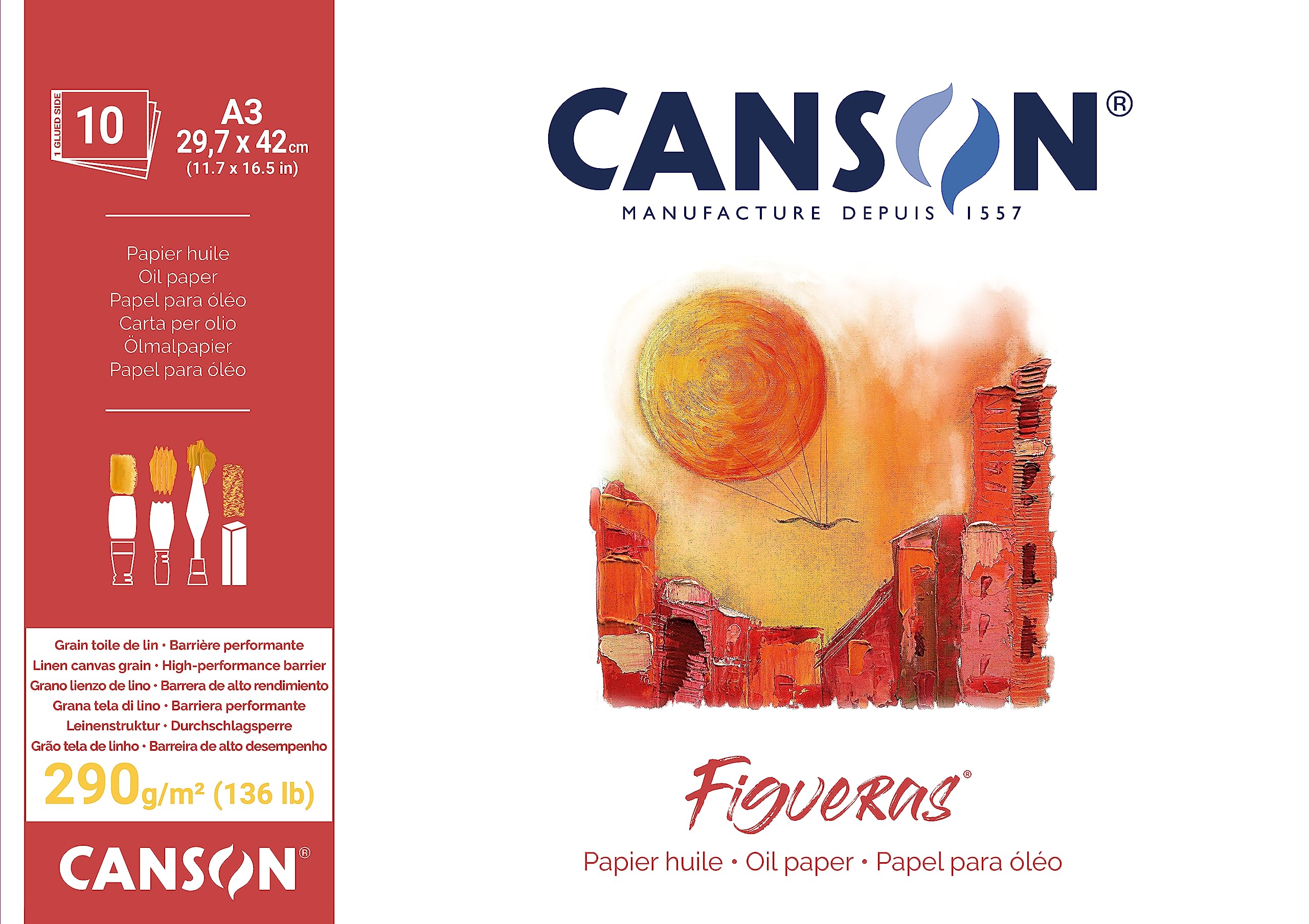 Canson Figueras, Papel óleo, Grano imitación lino, 290gsm, Bloc encolado por lado corto, A3-29,7x42cm, Blanco, 10 hojas