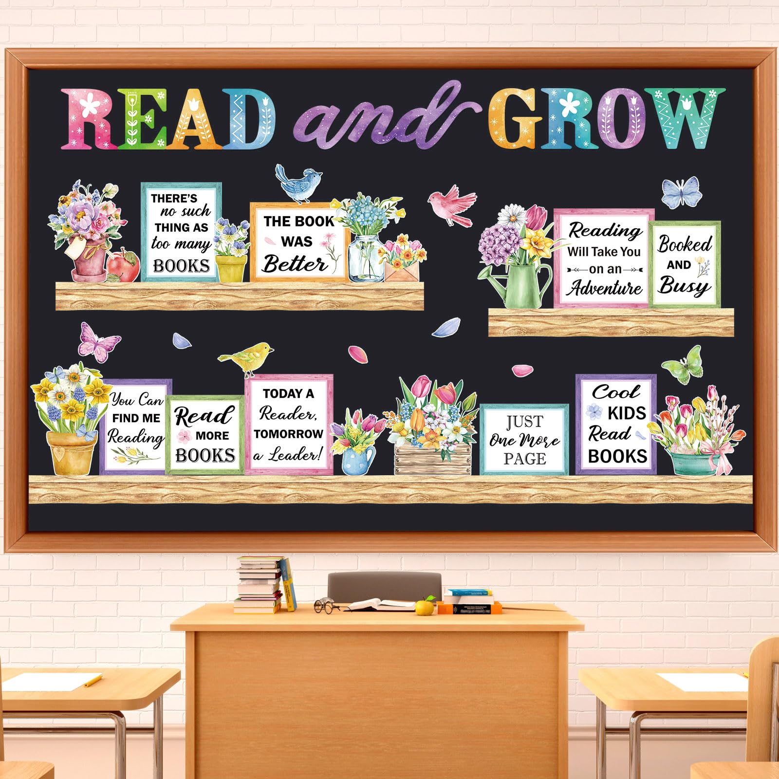 Qilery Read and Grow Spring Reading Bulletin Board Set Classroom Decor, Floral Bookshelf Accents for Reading Corner, Library Wall Decor, Motivational Read Posters, Teacher Supplies