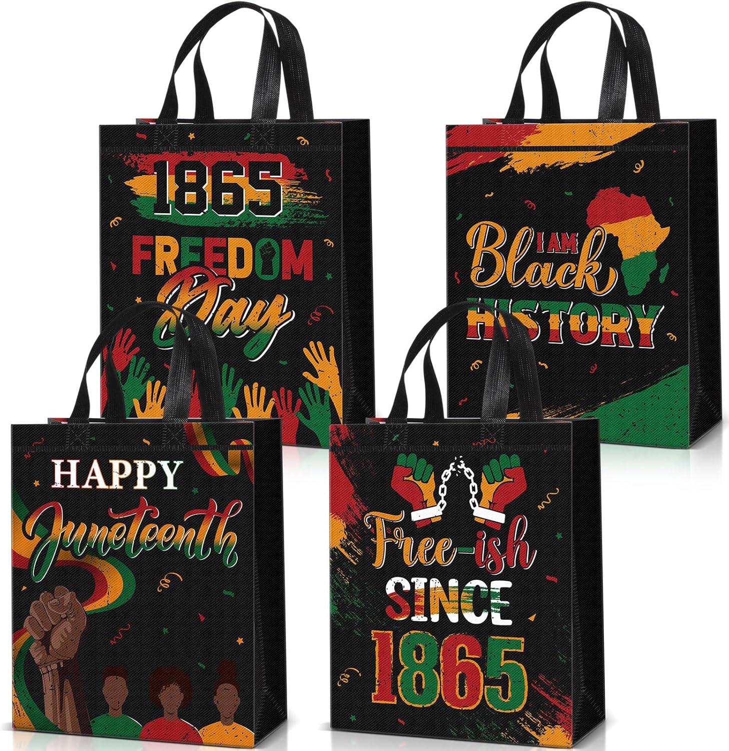 Blosssound 60 Pcs Juneteenth Bags Bulk Non-woven Happy Juneteenth Gift Bags with Handle 12 x 10 x 4 Inch Reusable African American Treat Goody Bag for June 19th Freedom Festival Supplies