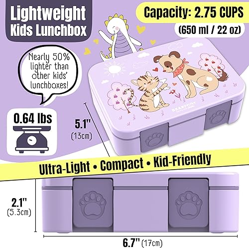 Miniatura 5 de BEARFOOT Lonchera infantil con compartimentos, compacta y ligera, a prueba de fugas, sin BPA, apta para lavavajillas y microondas, diseño dibujado a