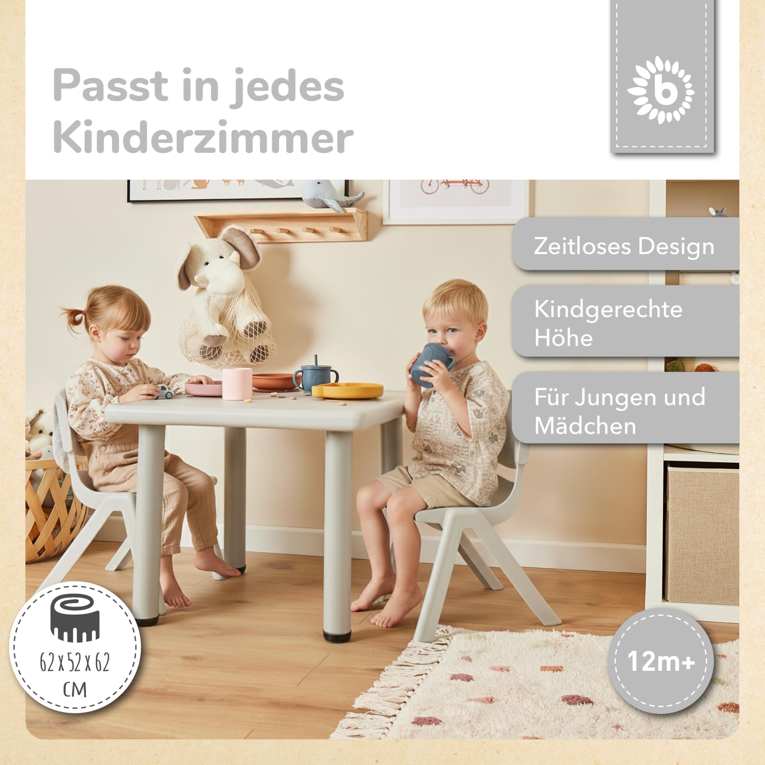 Bieco Kindertisch | Tisch für Kinder 1-8 Jahre | Kinder Tisch ca. 62x 62x 52 cm | Spieltisch höhenverstellbar | Maltisch, Kinderzimmer klein Schreibtisch | Eisgrau