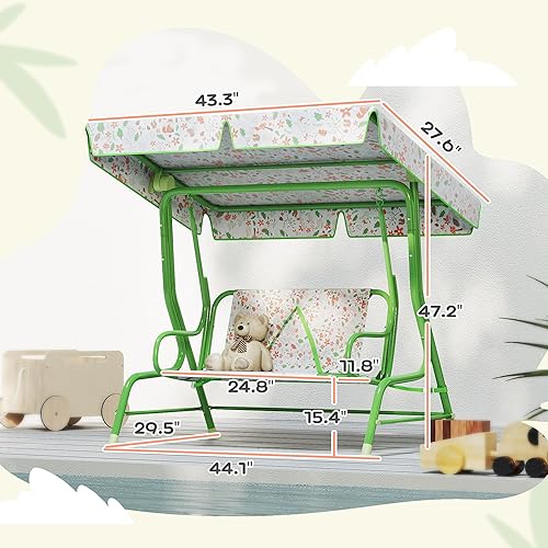 Miniatura 7 de Qaba Columpio de patio para niños, 2 plazas para porche al aire libre con toldo ajustable, cinturón de seguridad, banco colgante con patrón de zorro