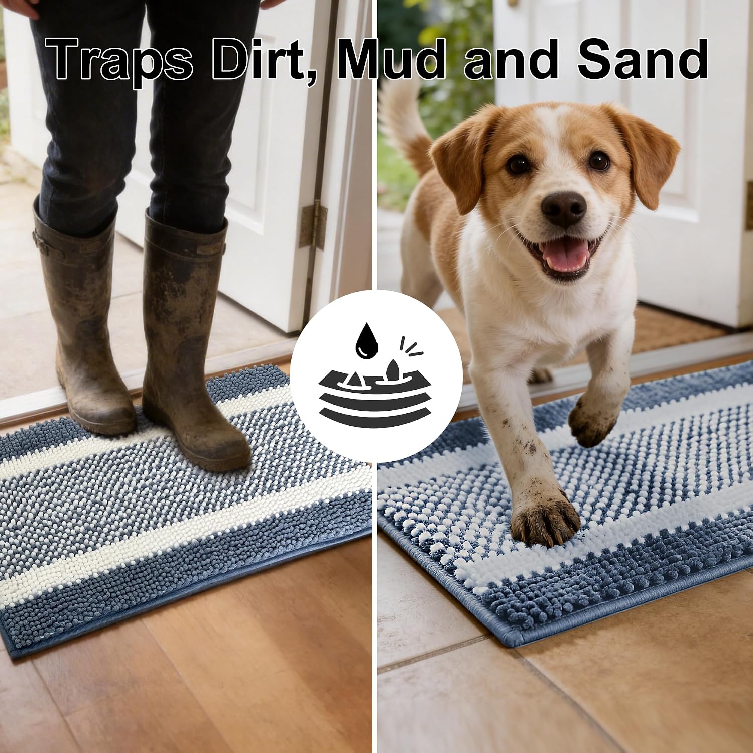 pobopobo Dog Door Mat for Muddy Paws - Absorbent & Washable Chenille Rug, Non-Slip Dirt Trapper for Indoor Outdoor Entryway, Quick Dry Pet Mat for Muddy Dogs (Gray-Blue&White, 30" x 18")