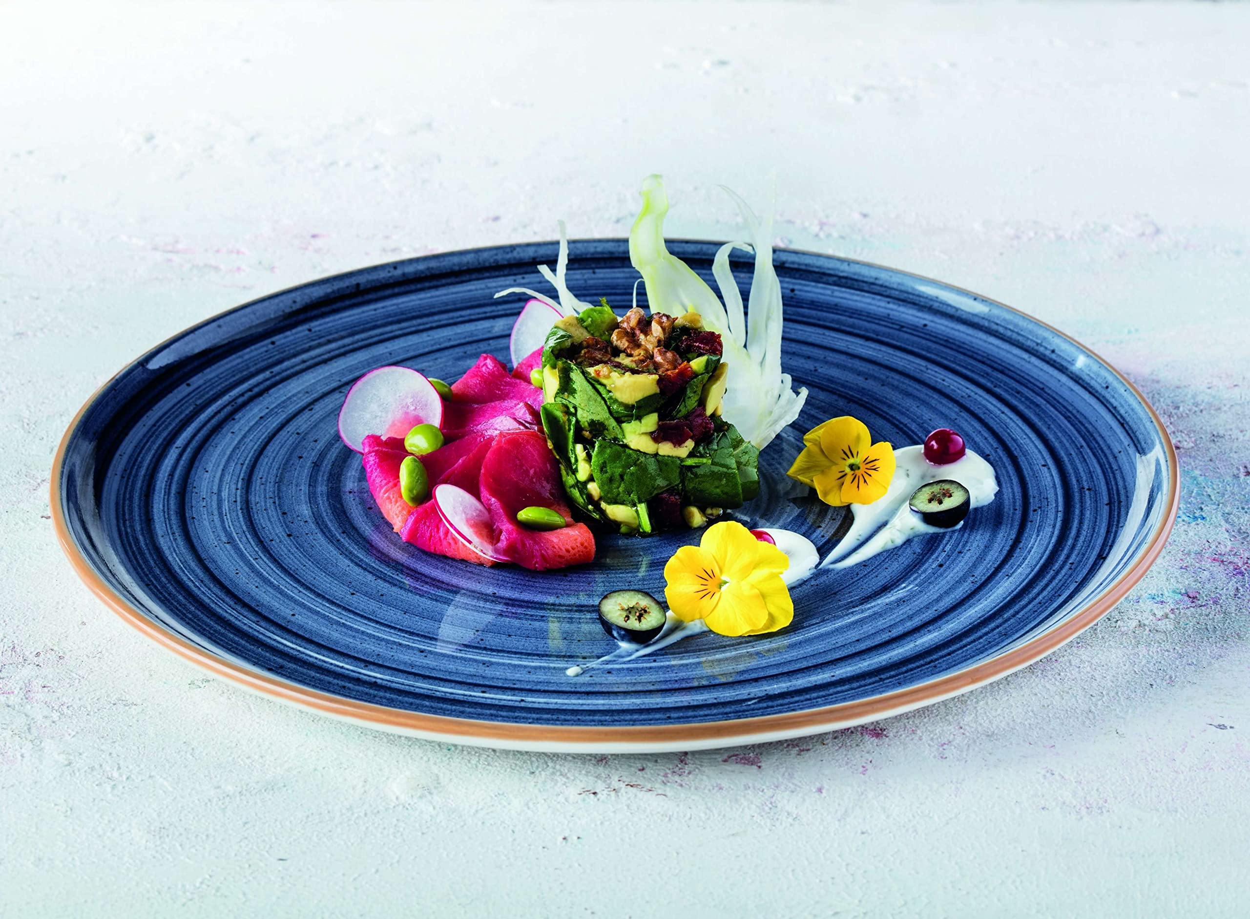 Bonna 6 x talerz obiadowy talerz płaski talerz okrągły zastawa stołowa porcelana niebieska kremowa Aura Dusk Gourmet 30 cm ochrona krawędzi