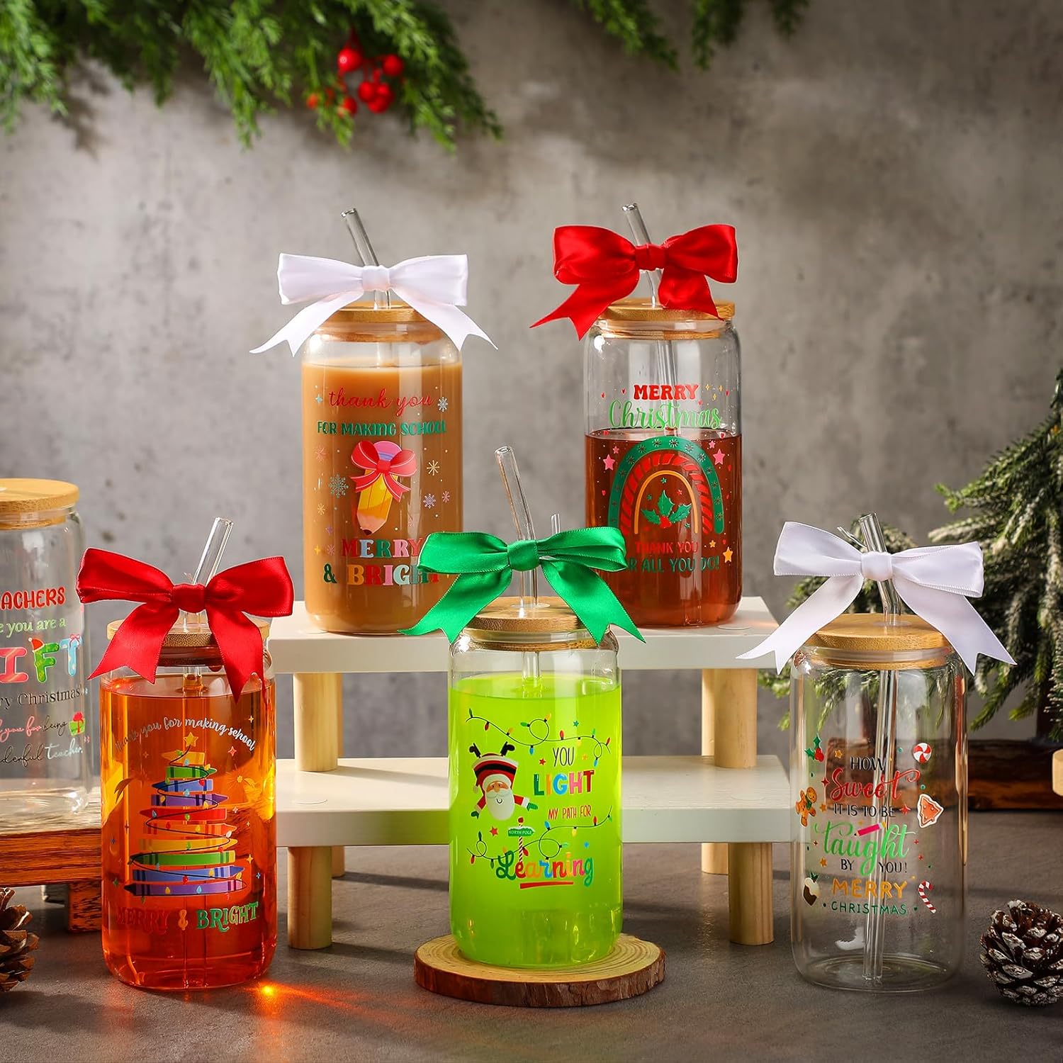 6 Pcs Christmas Teacher Appreciation Gifts for Women 16 oz Glass Coffee Cups with Bows Lids Straws Brushes Thank You End of Year Gifts for Teacher from Student School Present - Image 7