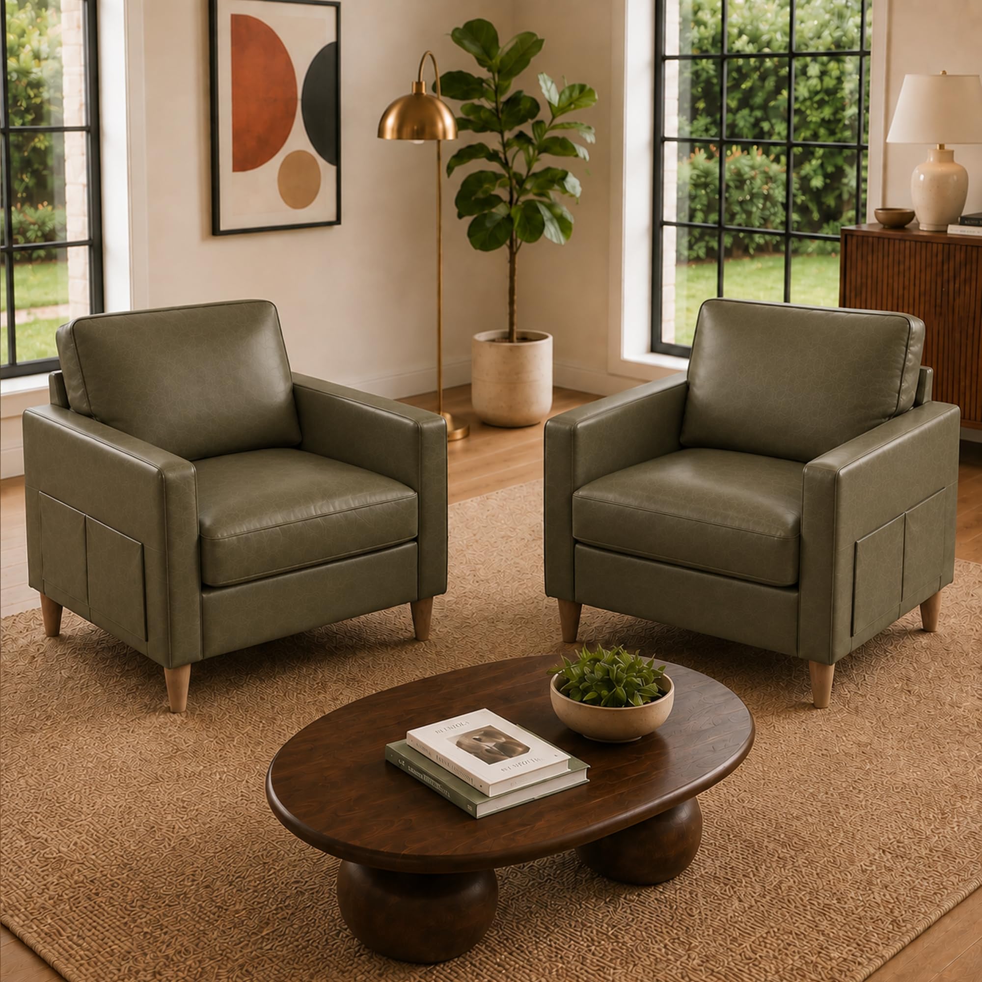 Accent Chair Set of 2, Living Room Chairs, Faux Leather Reading Armchair