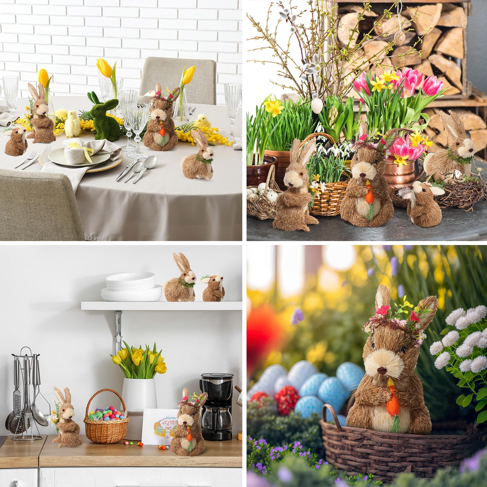 VioraWhite Juego de 4 decoraciones de conejo de Pascua, figuras de conejo de sisal, decoración de mesa, estatua de conejo de paja con flor de zanahoria para el hogar, mesa, oficina, cocina, granja,
