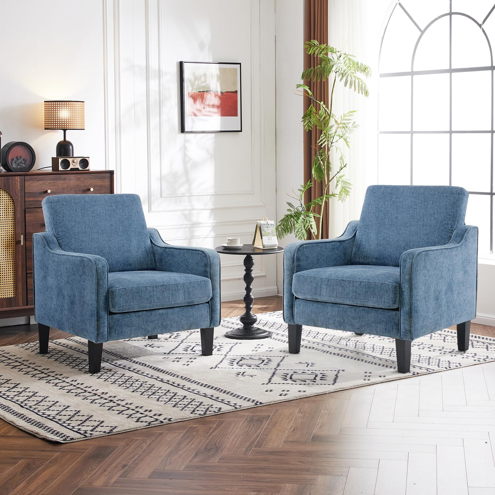 Bonnlo Sessel, Loungesessel aus Chenille, Polstersessel mit Armlehnen und Holzbeinen, Ohrensessel für Wohnzimmer,Schlafzimmer,Relaxsessel Fernsehsessel 76 x 78 x 84 cm,Komfort (2, blau)