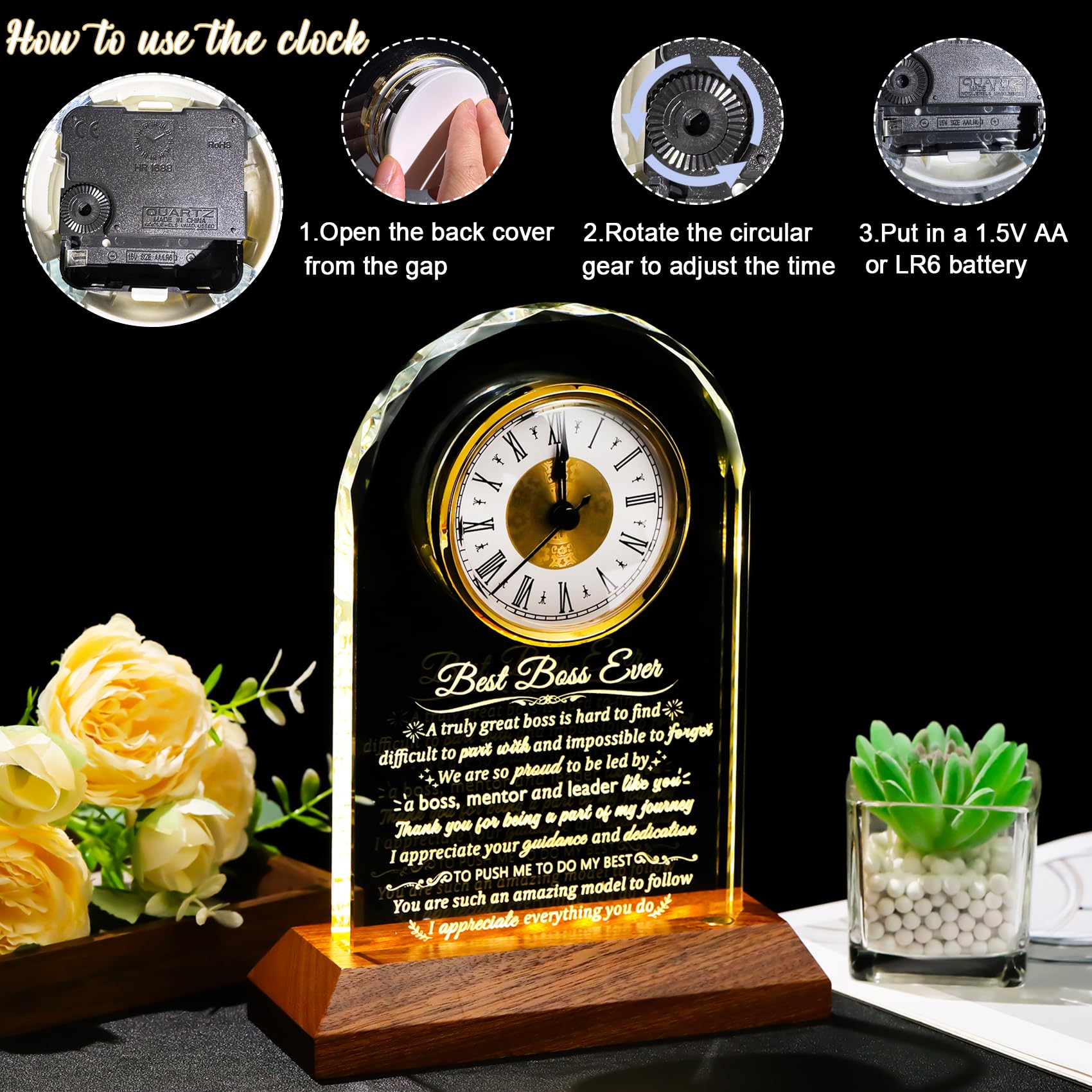 Arikyrist Reloj de cristal con base de luz de madera para hombres y mujeres