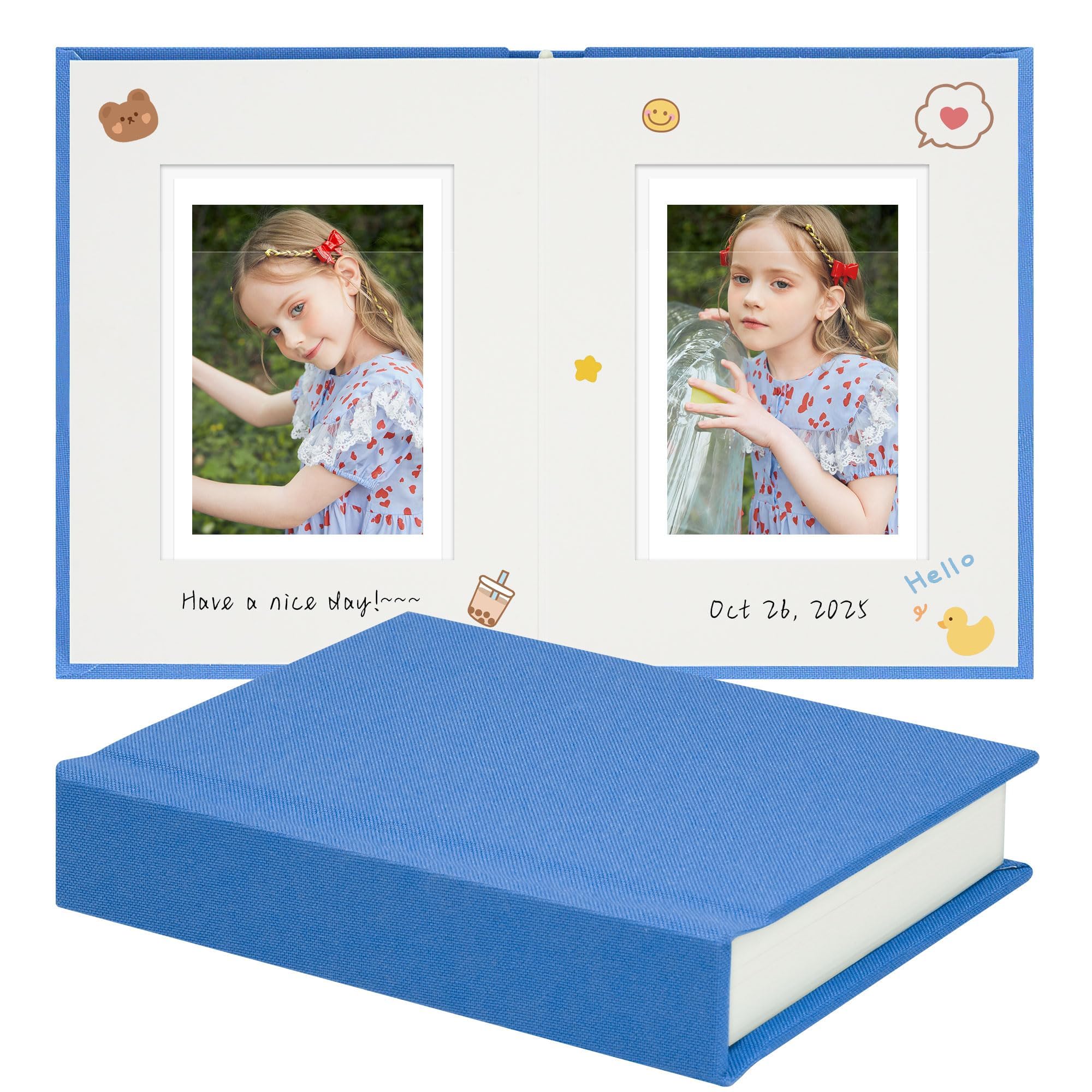 Vienrose Polaroid Photo Album with Writing Space – 2x3 Photo Album for Instax Mini &amp; Polaroid Go, 26 Pockets Wedding Travel Scrapbook, Small Linen Album for Instant Photos, Blue