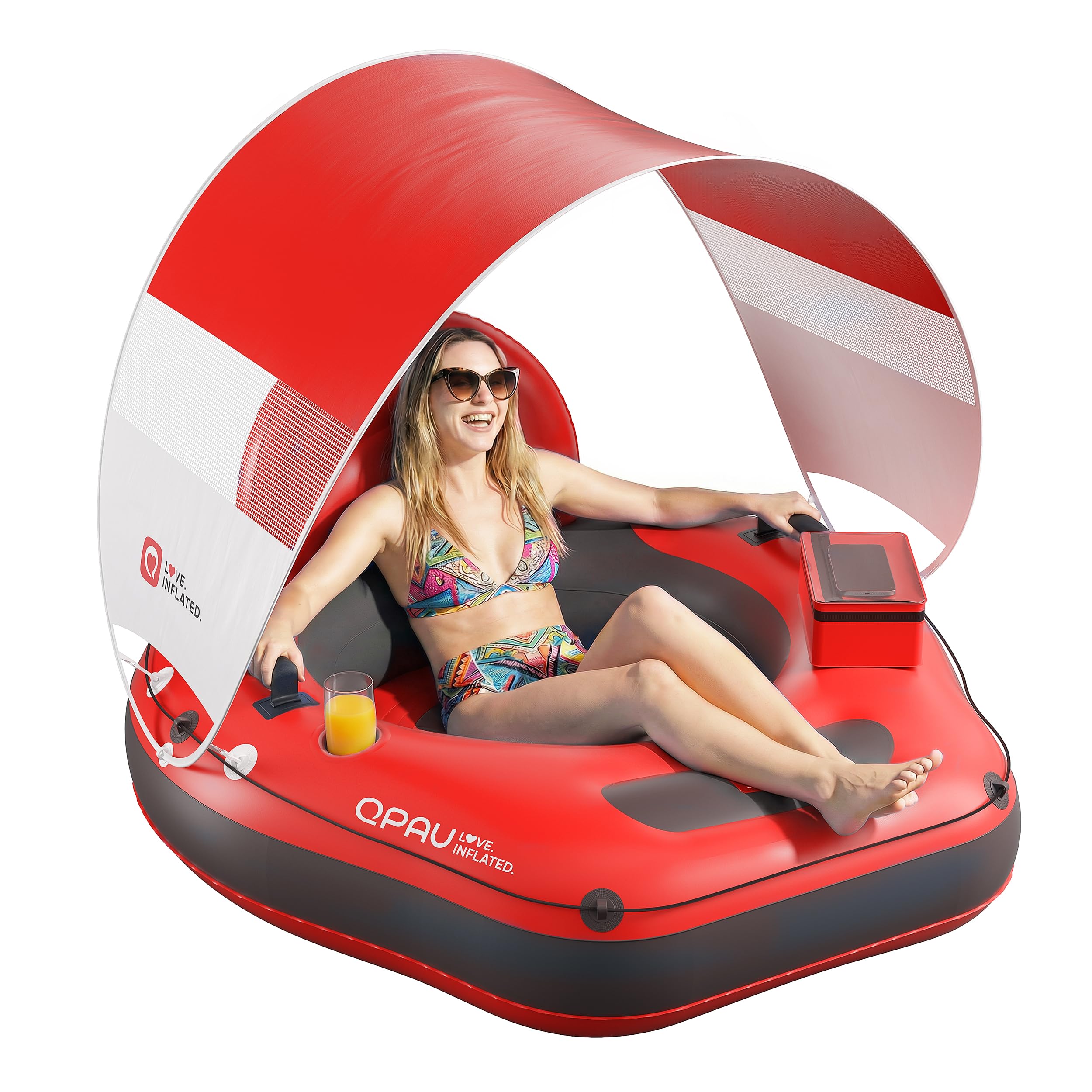 QPAU 46" Inflatable River Tube with Removable Sun Shade Canopy, Heavy-Duty Floating Tube for Adults, Ergonomic Legrest & Backrest, Waterproof Bag & Cup Holders, Ideal for Rivers, Lakes, Pools