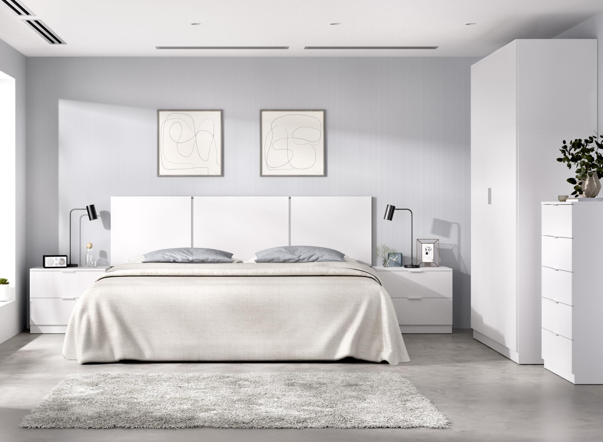 DEKIT GRUPO RIMOBEL HAVANA PACK - Conjunto de cabecero con dos mesitas de dos cajones, armario de dos puertas y xifonier de cinco cajones - BLANCO