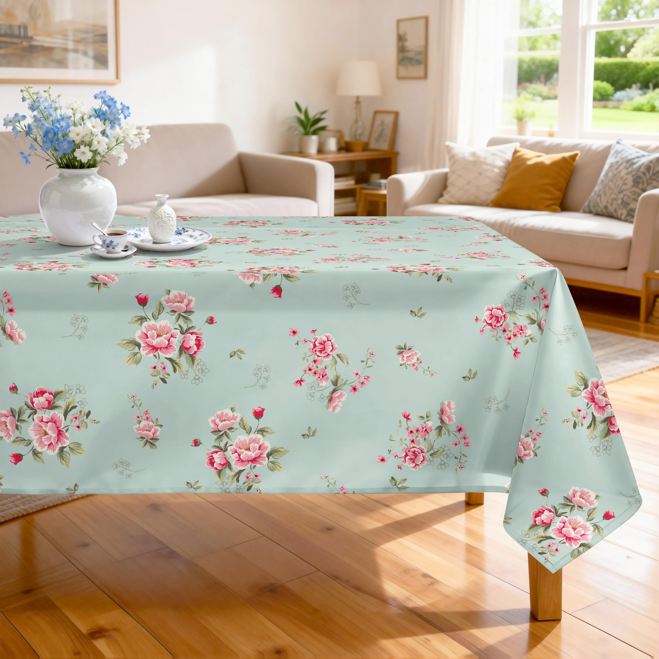 Arquiel Pink Floral Tablecloth Waterproof, Green Vintage Table Cloth Rectangle Stain Resistant, Washable Table Cover for Home Kitchen Dining Party Decoration (152 * 213cm)