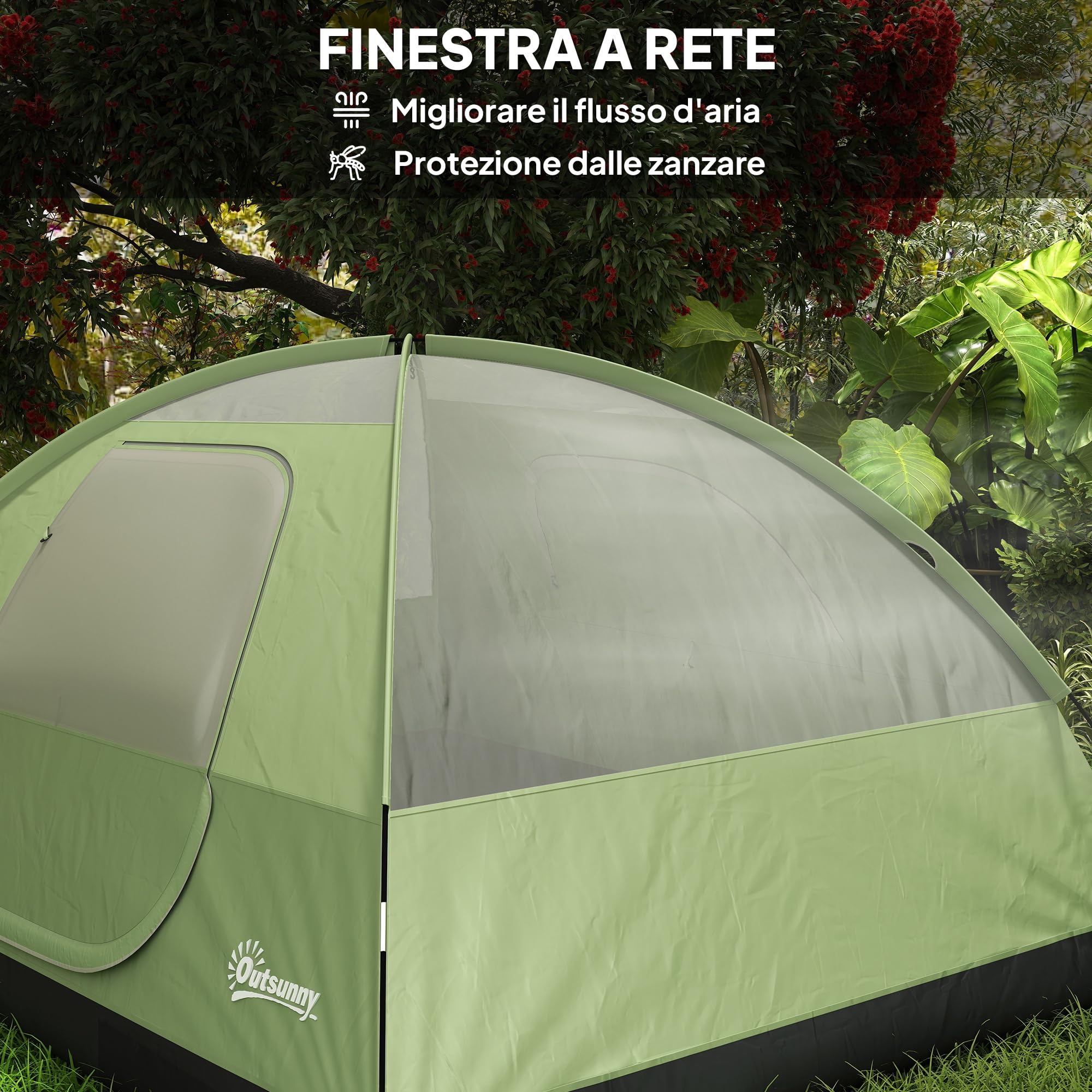 Outsunny Tenda da Campeggio Famigliare per 3 Persone Impermeabile 3000mm Tenda da Trekking a Cupola con Porta di Ricarica, Tasche, Gancio per Lanterna e Borsa da Trasporto Verde