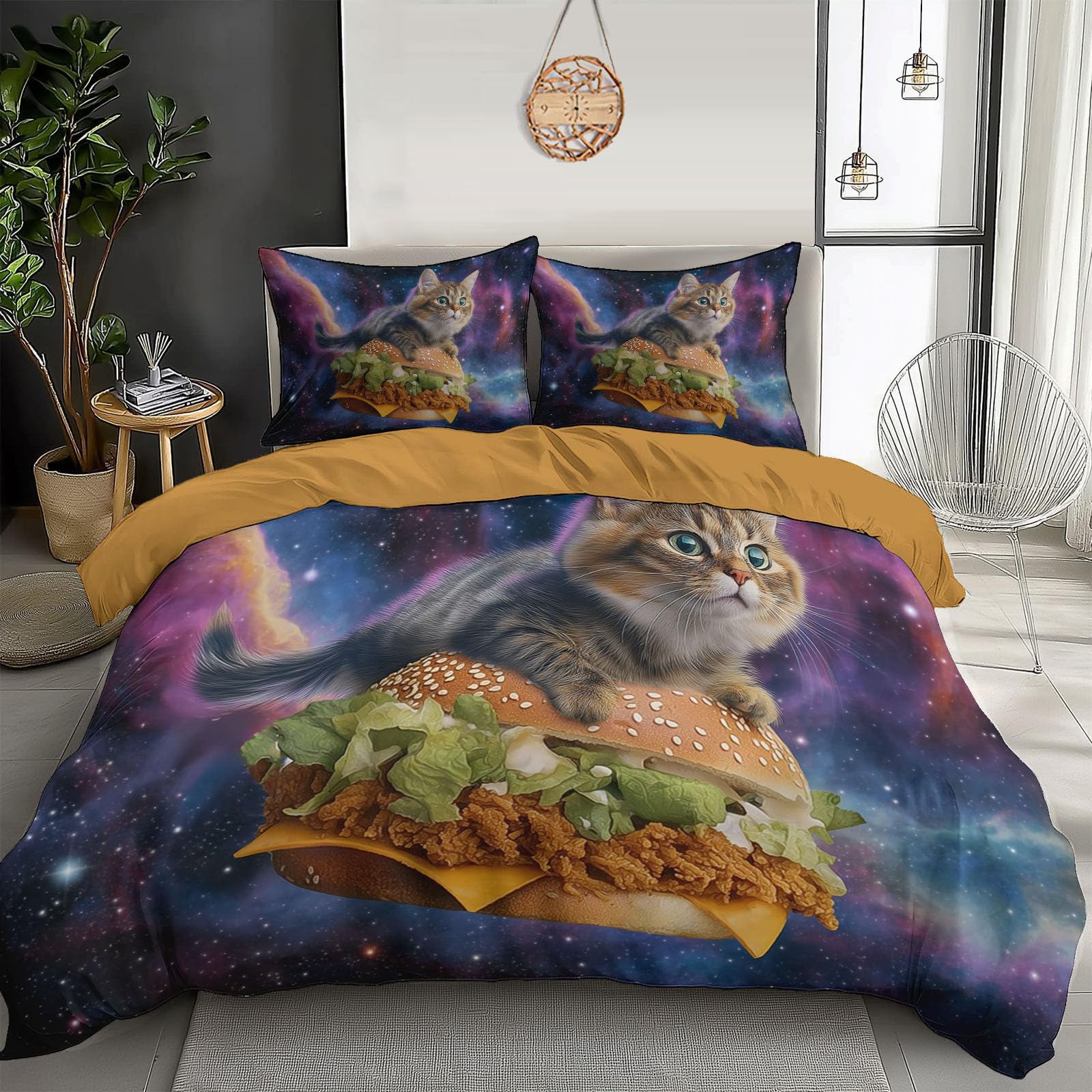 Housse de couette 200x200cm chat astronaute et burger pour stimuler l'imagination des enfants