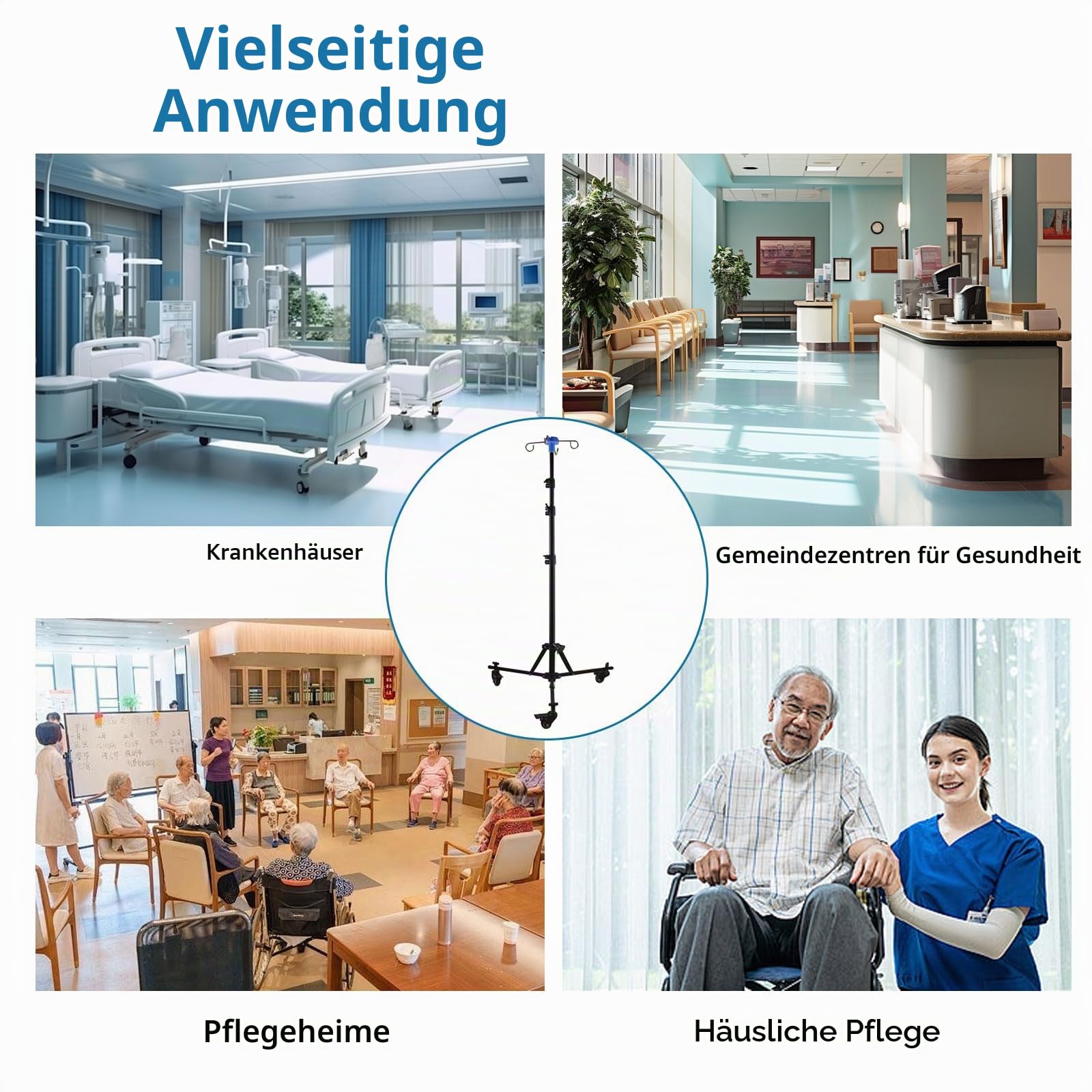Infusionsständer mit Rollen, Faltbar & Mobil, Höhenverstellbar 90–190 cm, 4 Haken 180° Drehbar, Mit 3 Netz-Taschen, Tragetasche & Bremsrollen – Tragbarer Infusionshalter