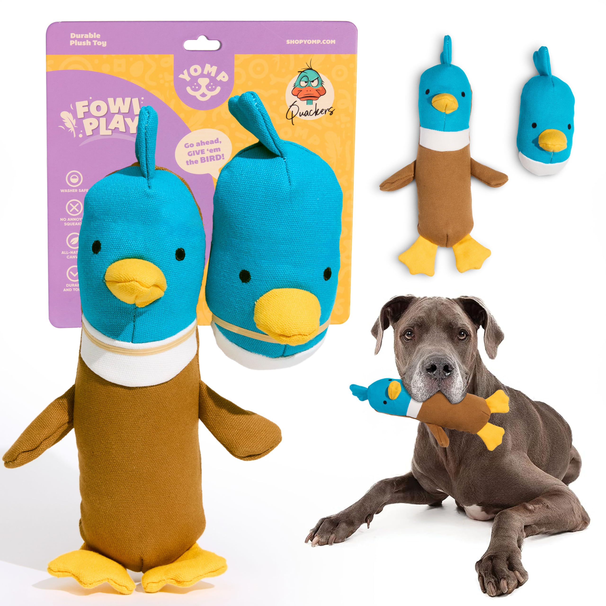 Yomp Plush Duck Dog Toy – Durable Stuffed, No Squeaker Dog Toys with Natural Canvas and Crinkle Paper – Interactive Stuffed Animal for Dogs (2-Pc