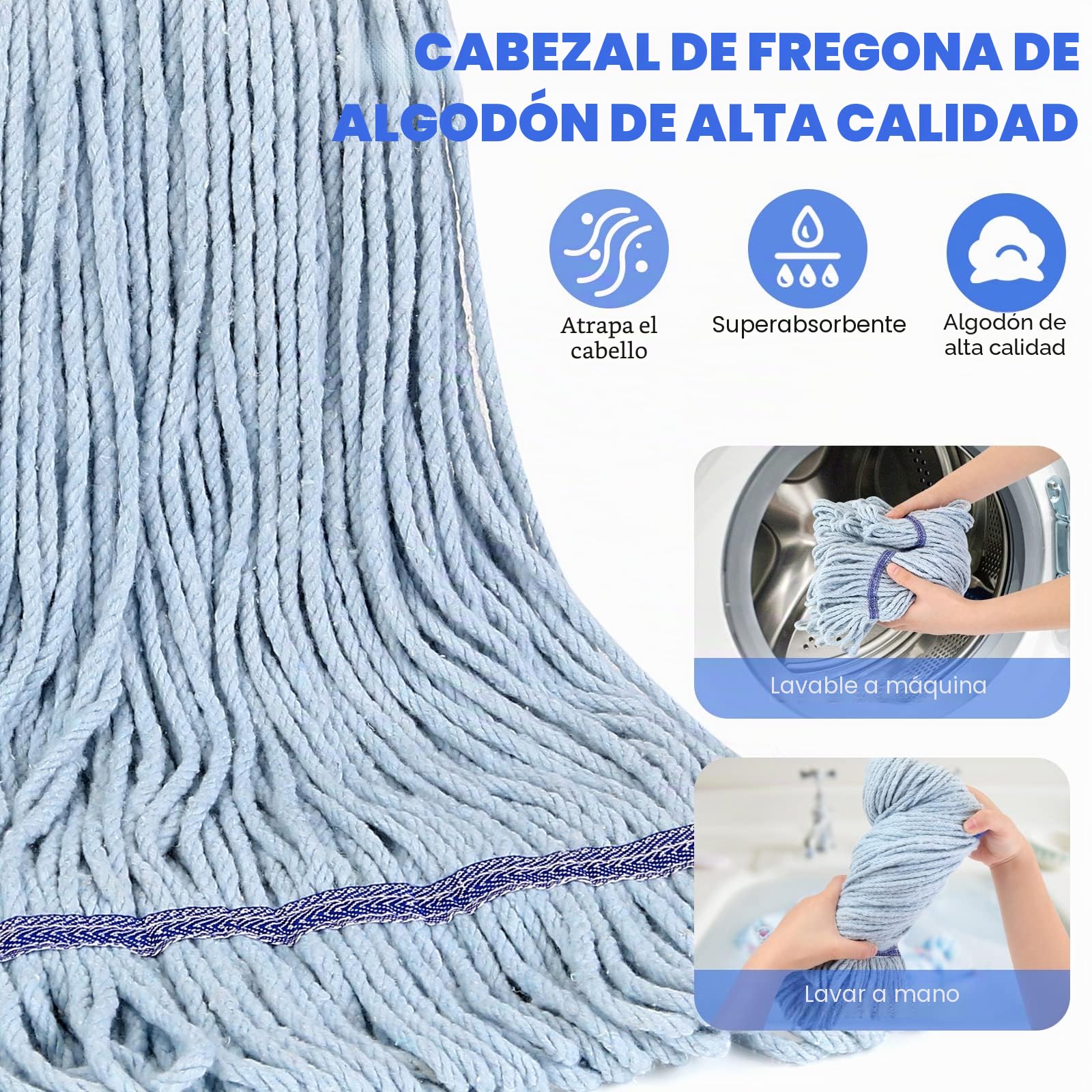 Mopa SOBONNE de Cuerda para Limpieza de Suelos, Industrial Comercial, Resistente con Cabezal de Microfibra de Algodón, Mango de Acero Inoxidable de 59 Pulgadas, Mopa Húmeda para Hogar, Garaje, Azul