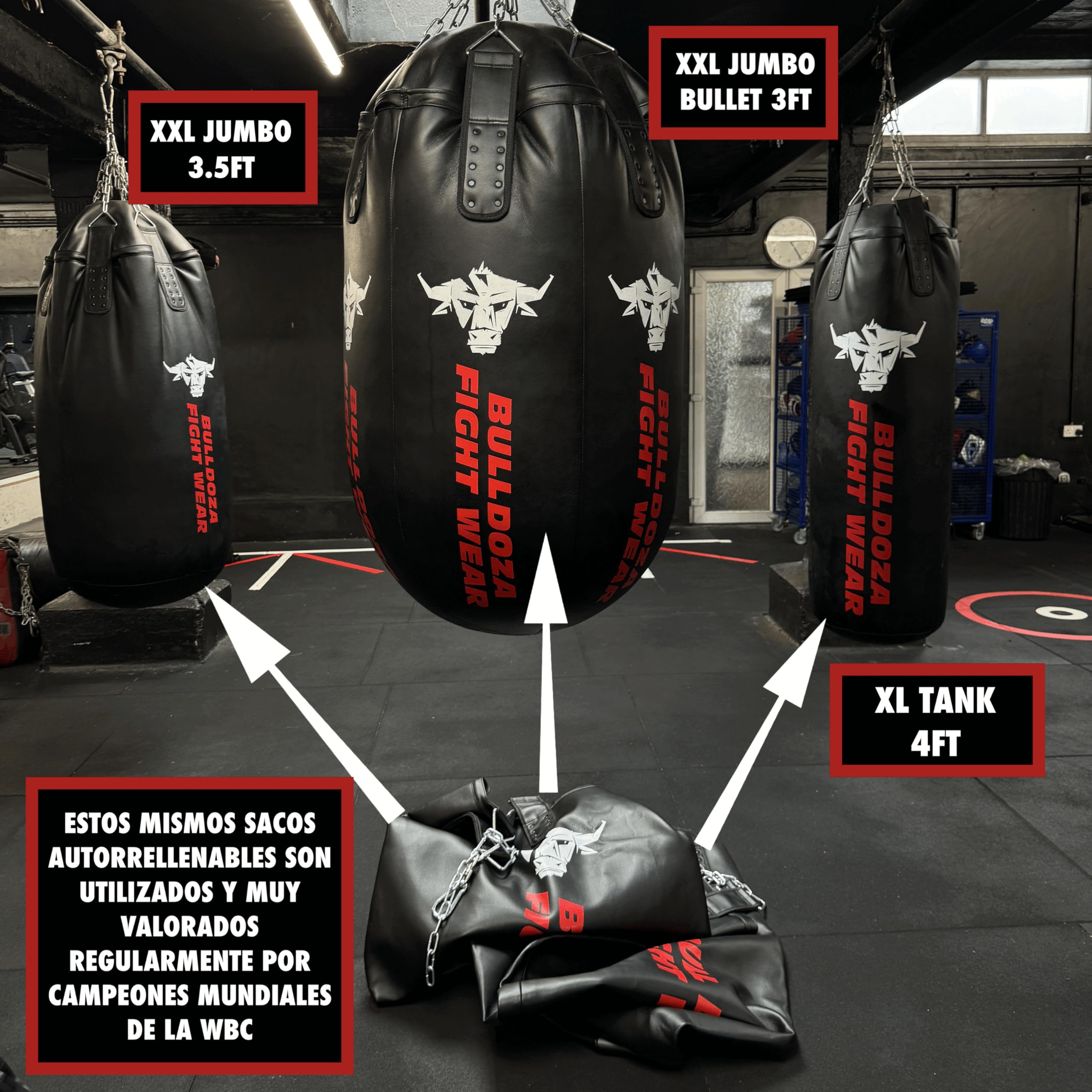 XL Tank Bull Doza Fight Wear - Saco de boxeo con cadenas colgantes, giratorio, mosquetones, bolsa de boxeo