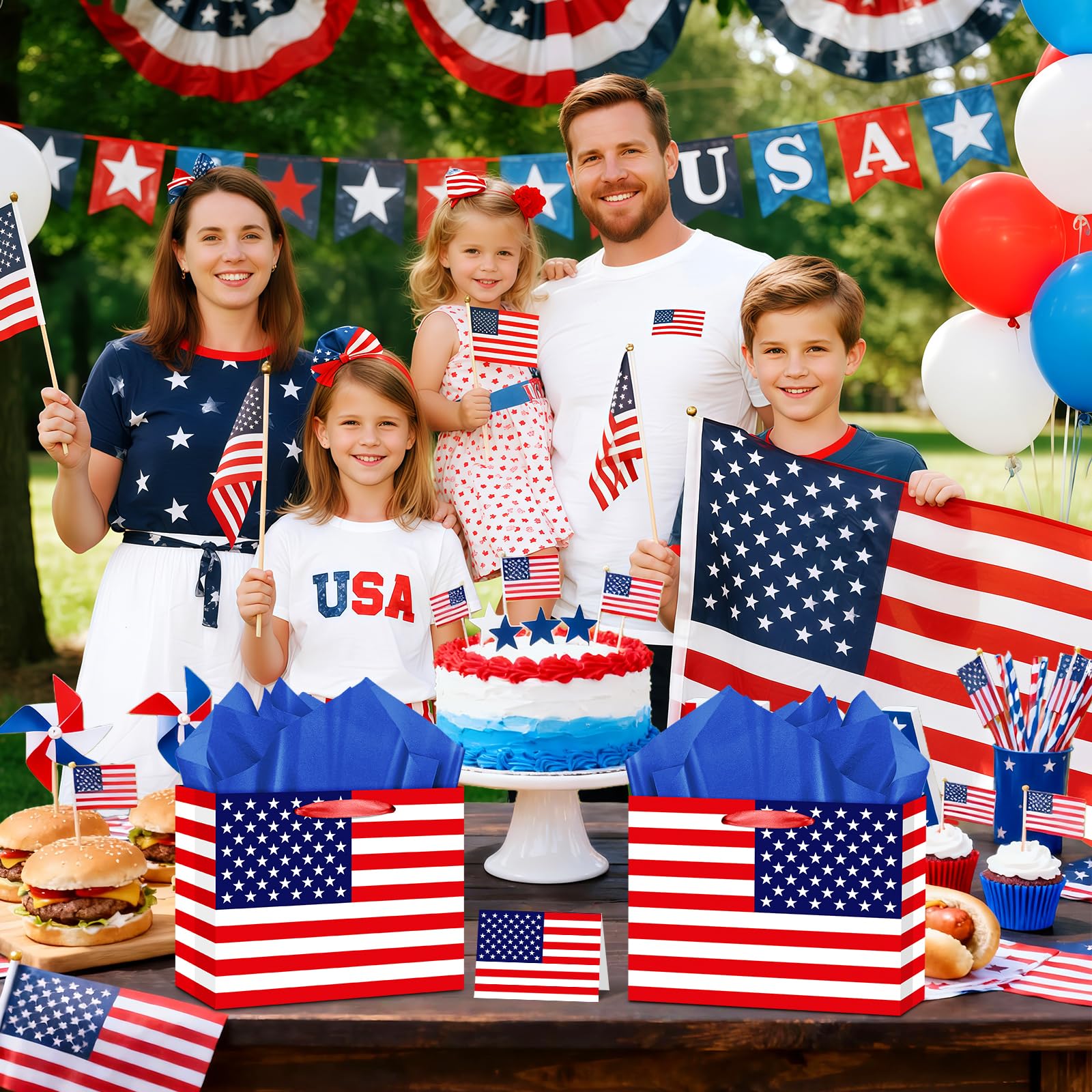 United States US Flag Gift Bag with Card & Wrapping Papers, USA 4th of July Gift Bag Party Decorations American Patriotic for National Day of The United States,Birthday,Souvenirs Goodie Treat Bag
