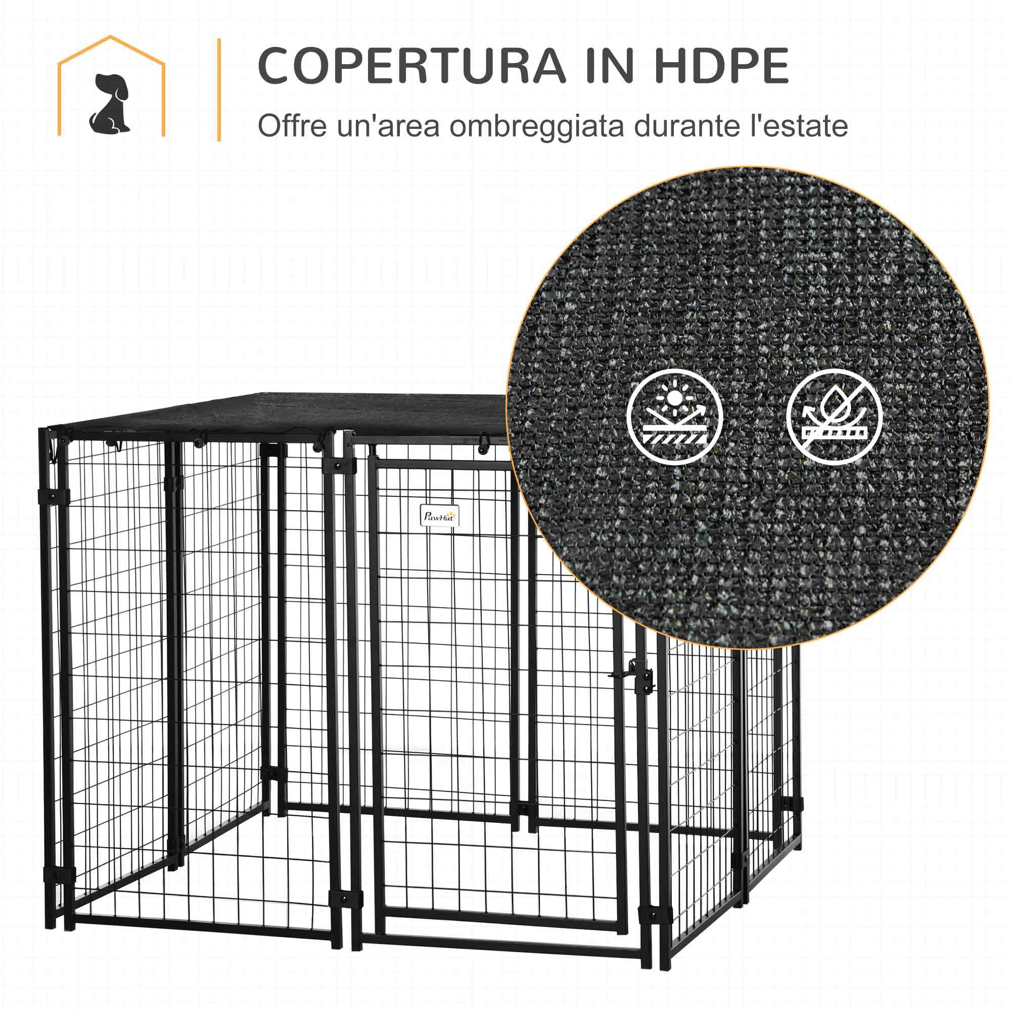 PawHut Recinto per Cani in Acciaio Pieghevole con Copertura, Box per Animali a 8 Pannelli con Porta Bloccabile, 141x141x113cm, Nero