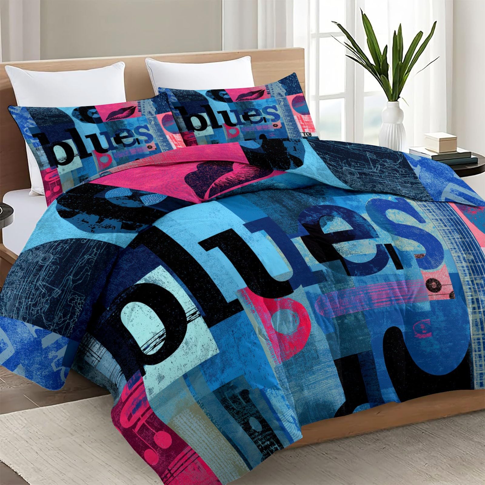 Coverless - Piumone reversibile con note musicali e chitarra, 135 x 200 cm, stampato, morbido, per letto singolo, 4,5 tog, per tutte le stagioni, stile retrò, trapuntato, anallergico e lavabile