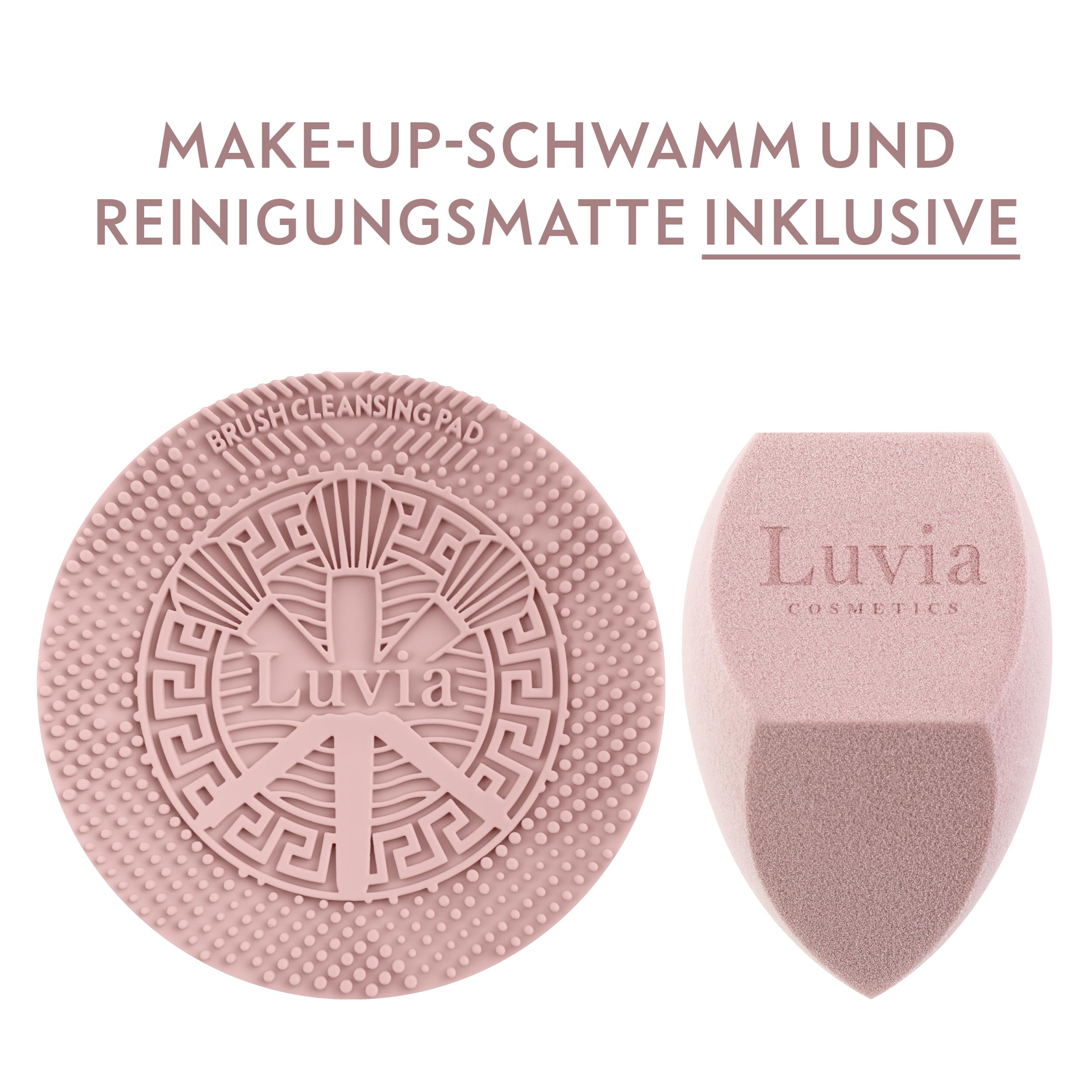 Make-up Pinselset 10-teilig | 7 vegane Schminkpinsel + veganes Leder-Etui, Reinigungsmatte & Blender-Schwamm | Prime Vegan Complete | Für Foundation, Puder & Augen | Candy Rosa/Perlmutt | LUVIA