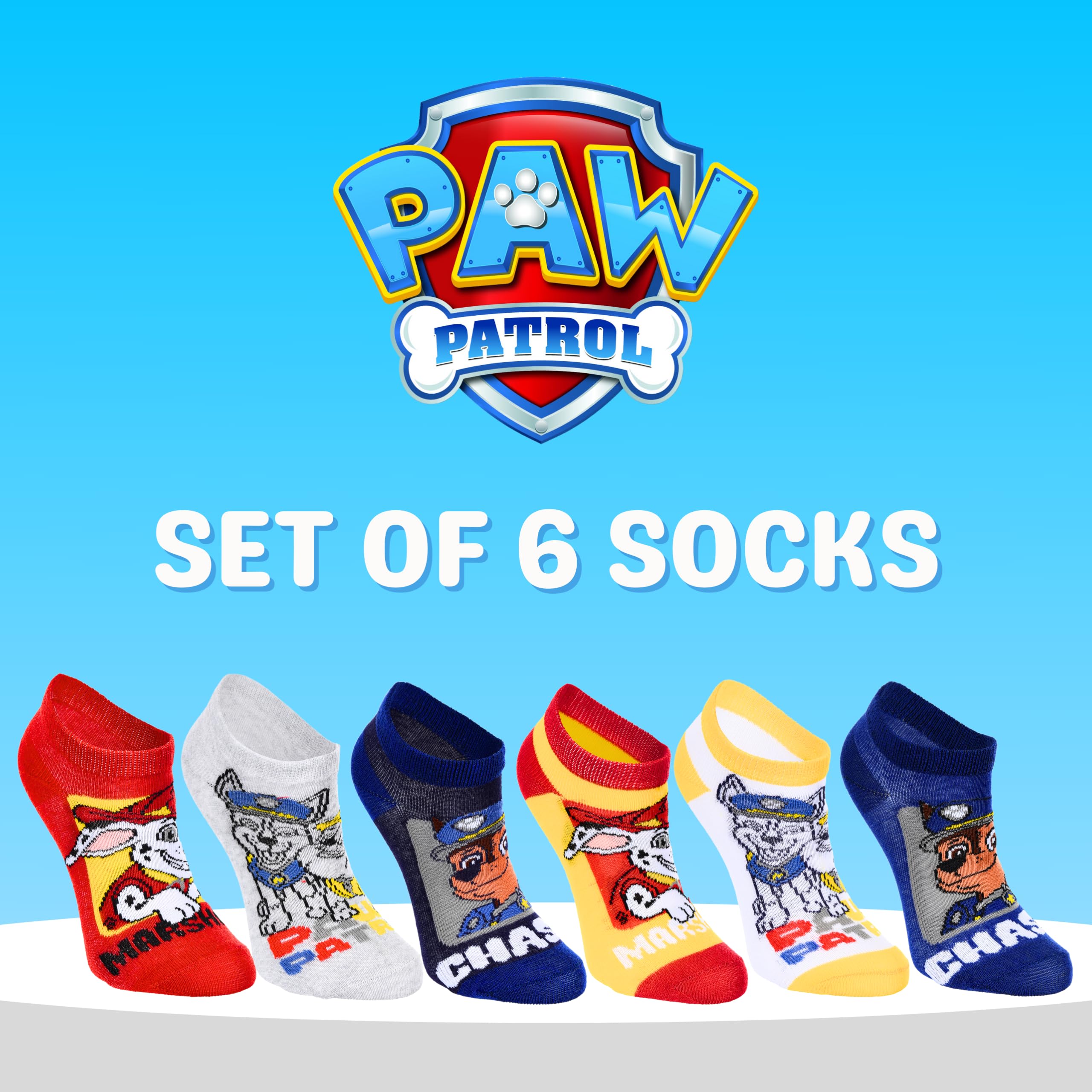 Paw Patrol Lot de 6 paires de chaussettes courtes invisibles en coton, cadeau pour enfants, tailles EU 23 à 34