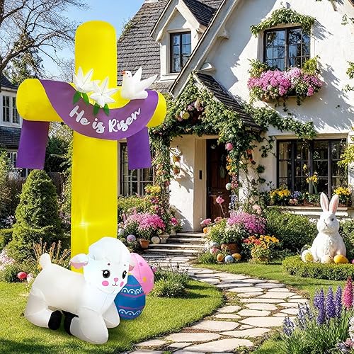 Miniatura 7 de Inflables de Pascua de 8 pies para decoración al aire libre con huevos de decoración de conejito de Pascua, cruz con 5 LED, decoración de Pascua