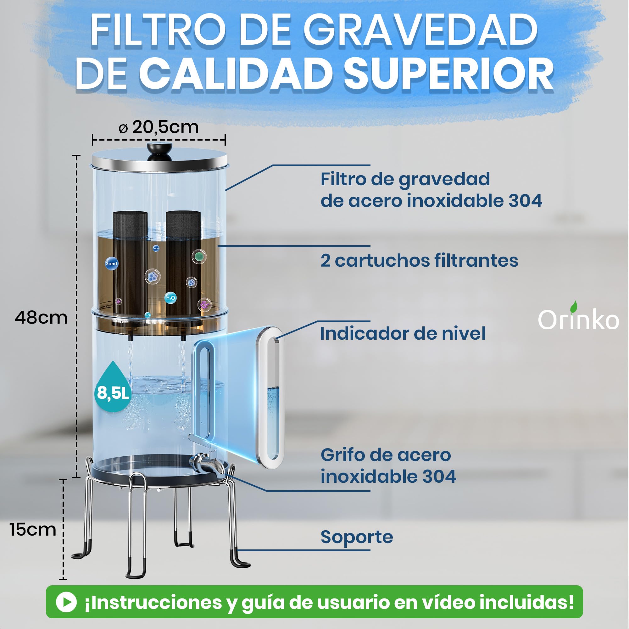 Filtro de Agua por Gravedad - Purificador de Agua Doméstico de Acero Inoxidable con Filtro de Carbón Activo - Sistema de Filtración para Agua Potable Pura - Ideal para Hogar y Camping