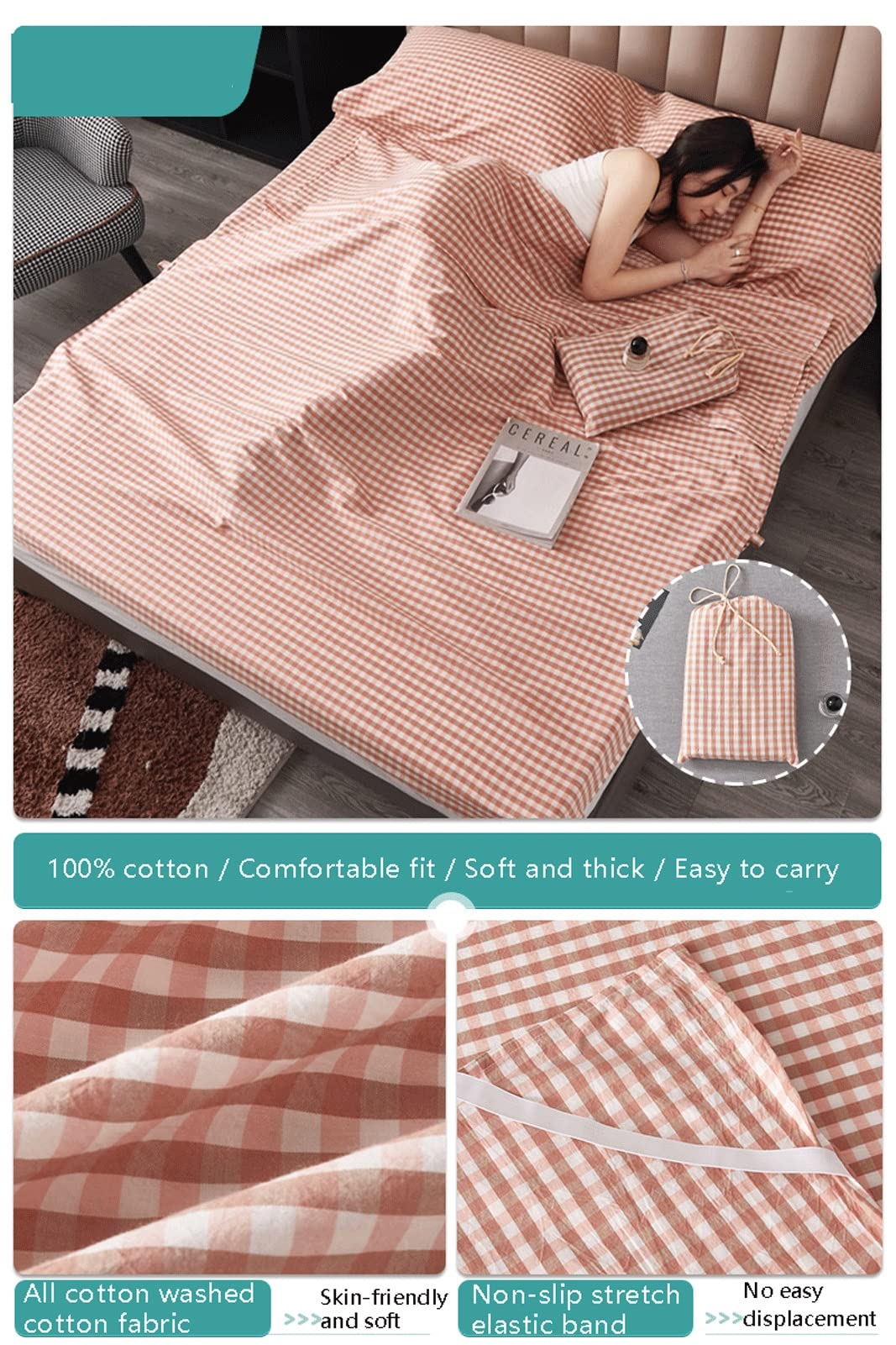 RUZGAR Drap de Sac de Couchage 100% Coton Plaid Rayé Confort Léger Sac de Couchage Adultes Drap de Couchage de Voyage en Simple Double (Color : Pink, Size : 200x210cm-78x82)