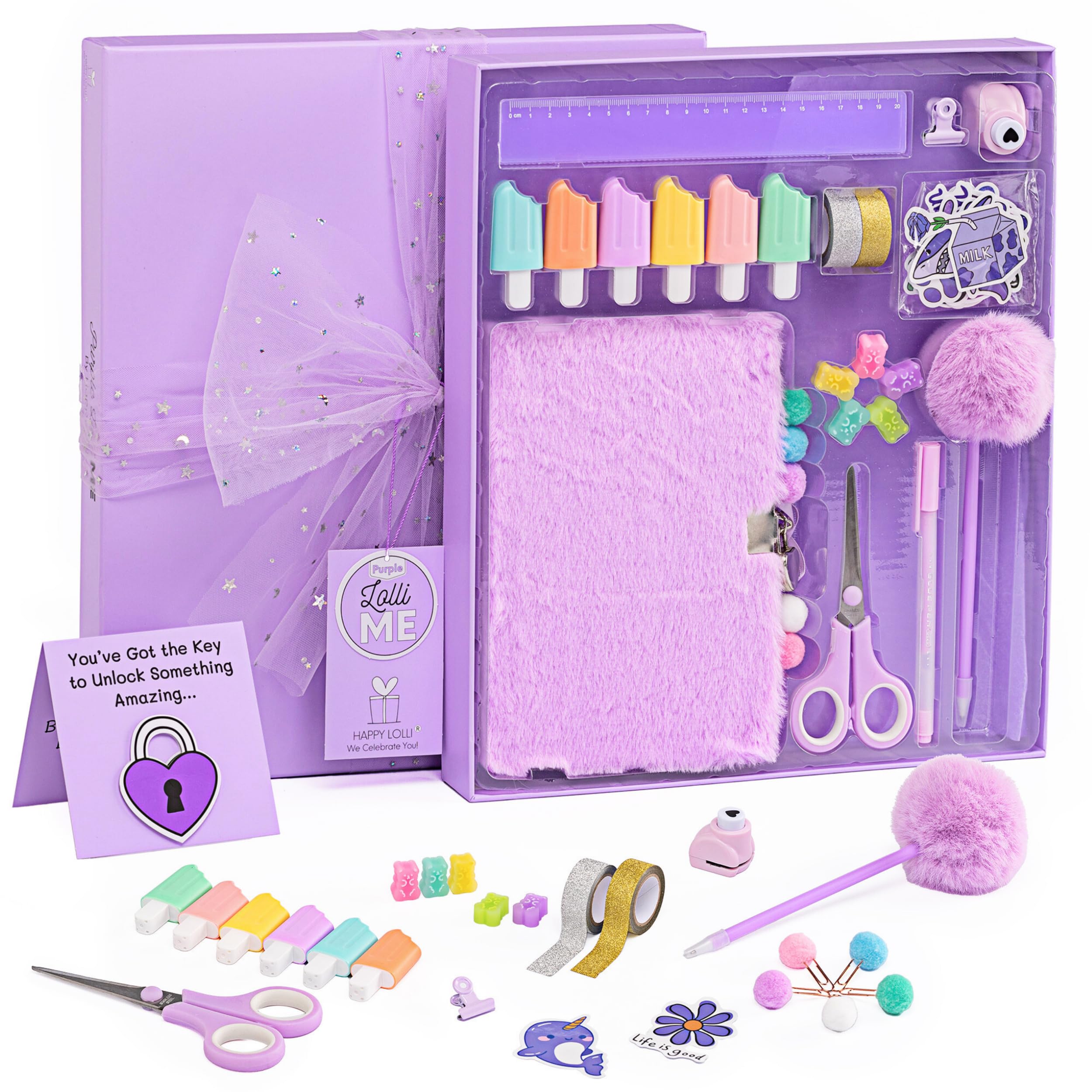 HAPPY LOLLI Purple LolliME DIY Journal Kit for Girls – 300+ Pieces! Lockable Fuzzy Diary, Markers, Stickers & Empowering Pages – Gift Box for Tweens &
