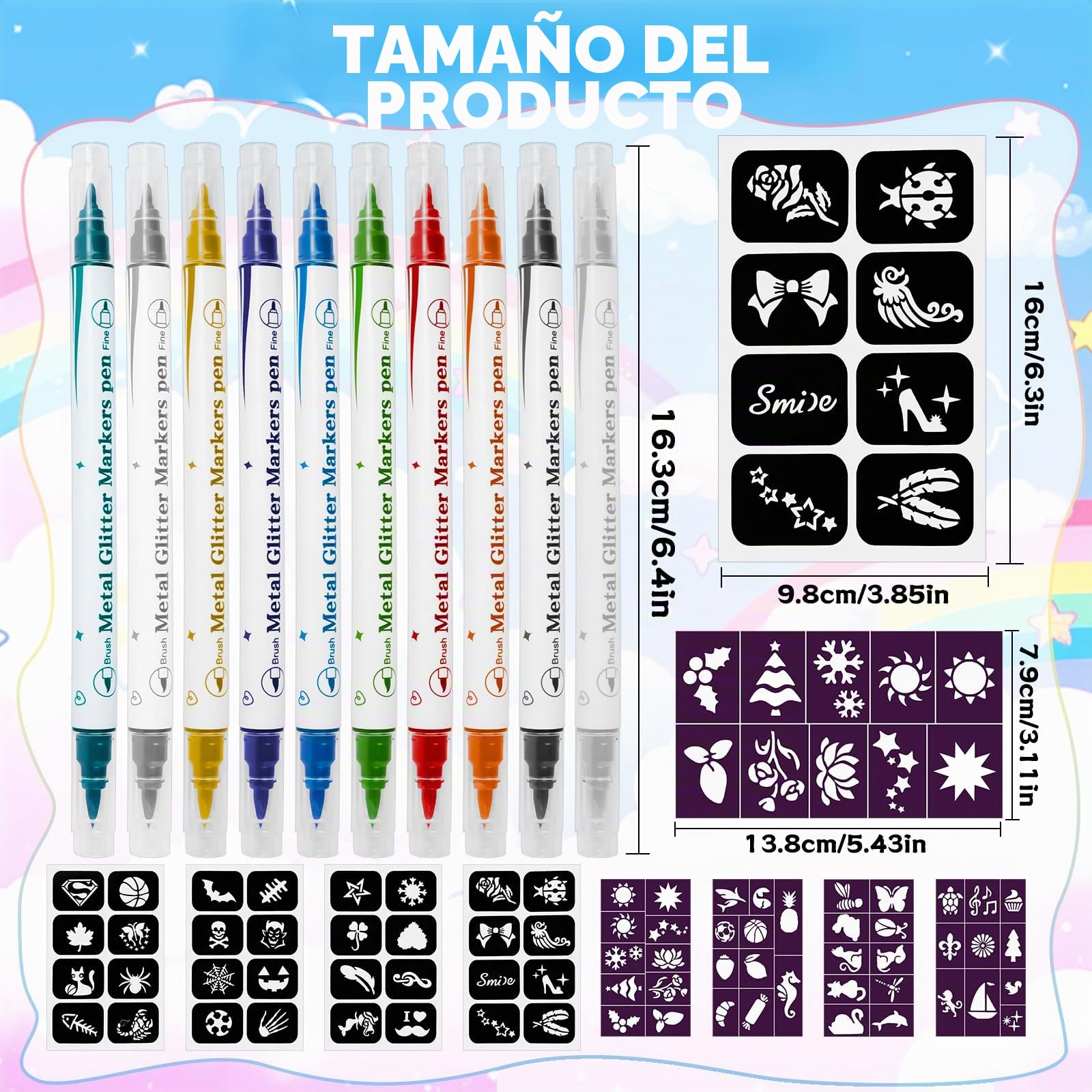 Rotuladores Tatuajes Niños, Kit Tatuajes Temporales Niños con 10 Rotuladores Purpurina y 72 Tatuajes Plantillas, Rotuladore Doble Punta Lavables, para Carnaval Halloween Cumpleaños