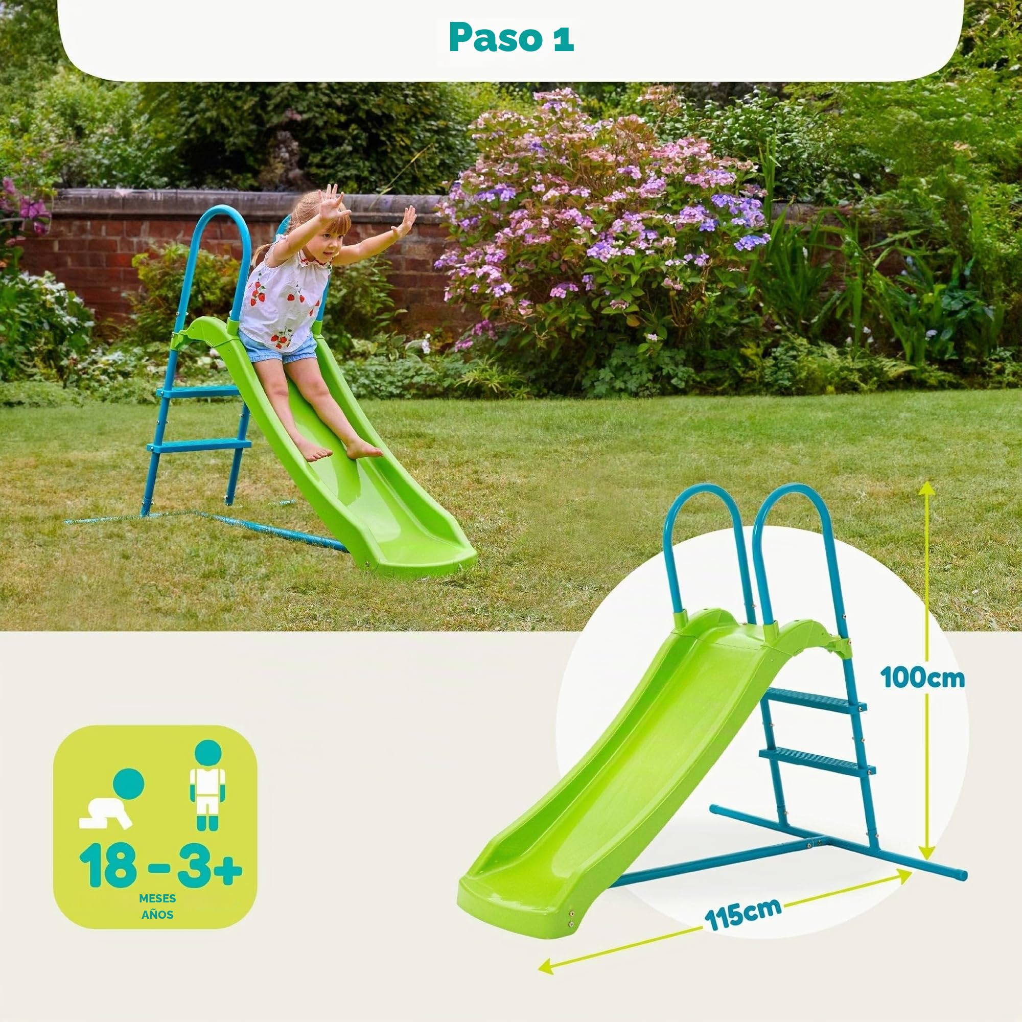 TP Toys Tobogán cultivable de pequeño a alto – Tobogán expandible de 4 pies a 6 pies para niños de 18 meses a 10 años, diseño de plástico duradero y metal, fácil montaje para jugar en el jardín al