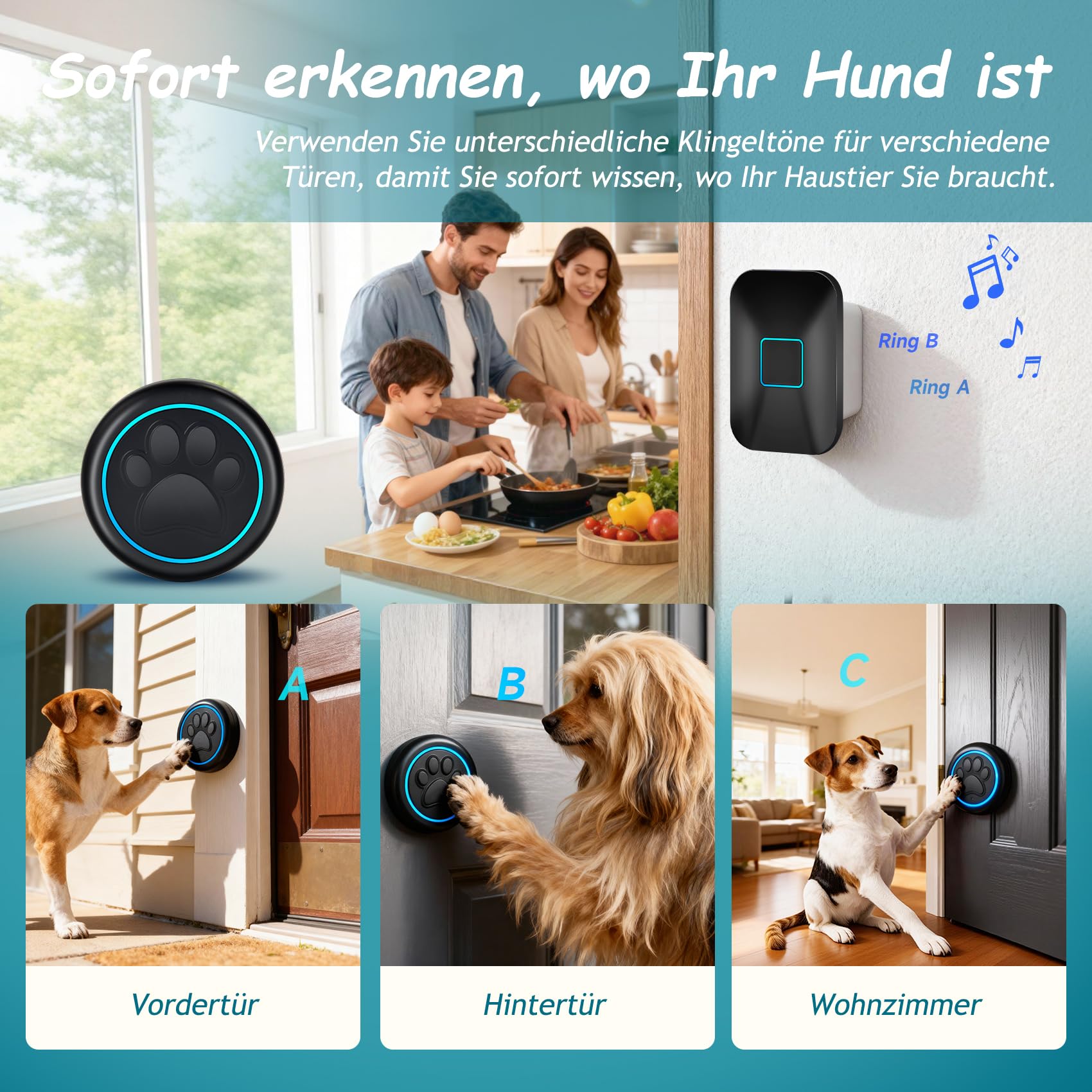 A88 Katzenklingel & Hundeklingel – Kabellose Türklingel mit Touch-Sensor, 300 m Reichweite, LED, 60 Melodien, Wasserdicht, Buzzer Hund, Katzen Klingel Tür Außenbereich (1 Klingeltaster + 1 Empfänger)