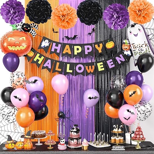 Juego de decoraciones de fiesta de color morado, negro y naranja, kit de decoración de Halloween que incluye pancarta de Feliz Halloween, globos de