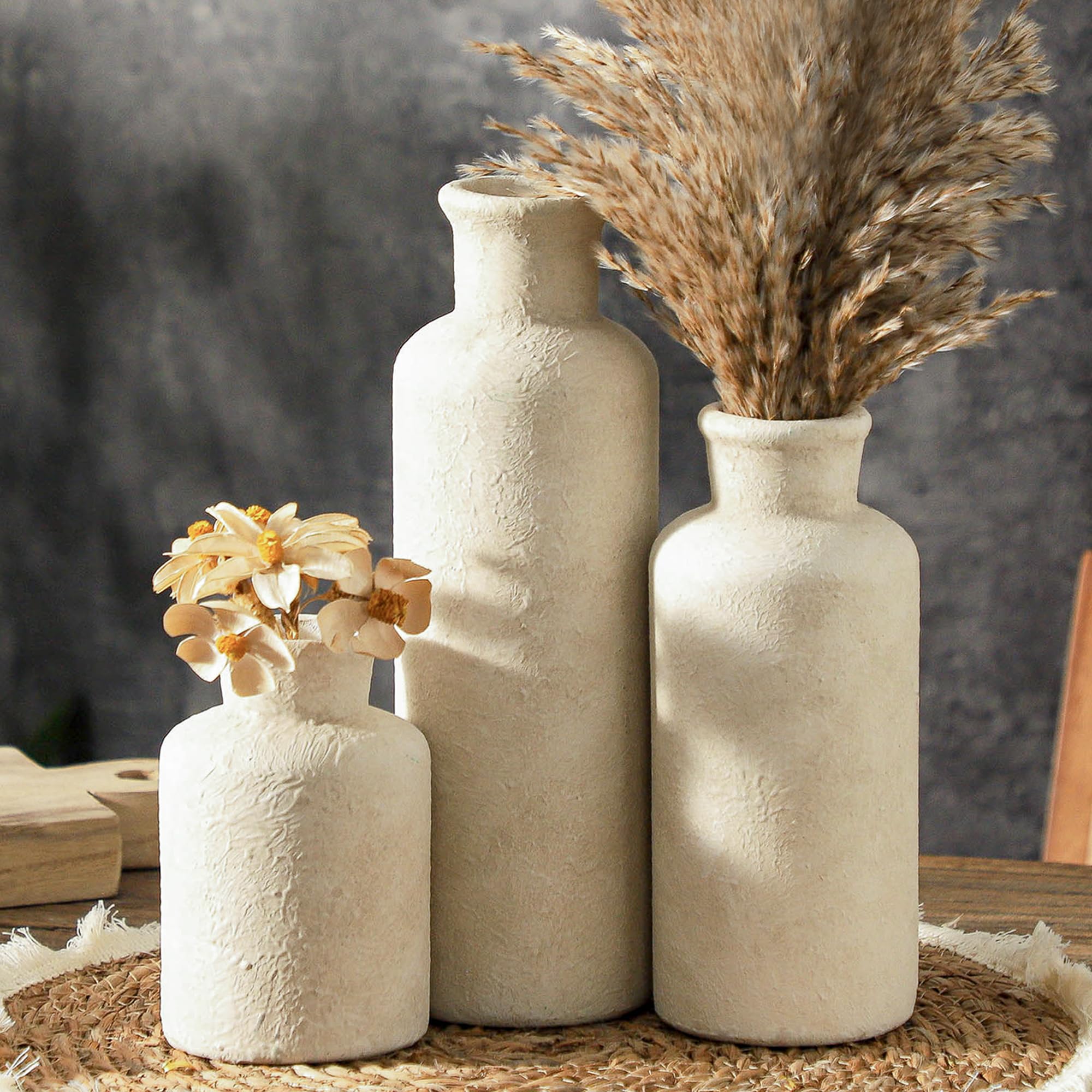 Photo 1 of Ceramic Vases Set of 3, Whitewashed Neutral Flower Vases Home Decor, Pottery Rustic Farmhouse Decorative Vases Modern Decor for Table Mantel Entryway Bookshelf Living Room Kitchen Bedroom