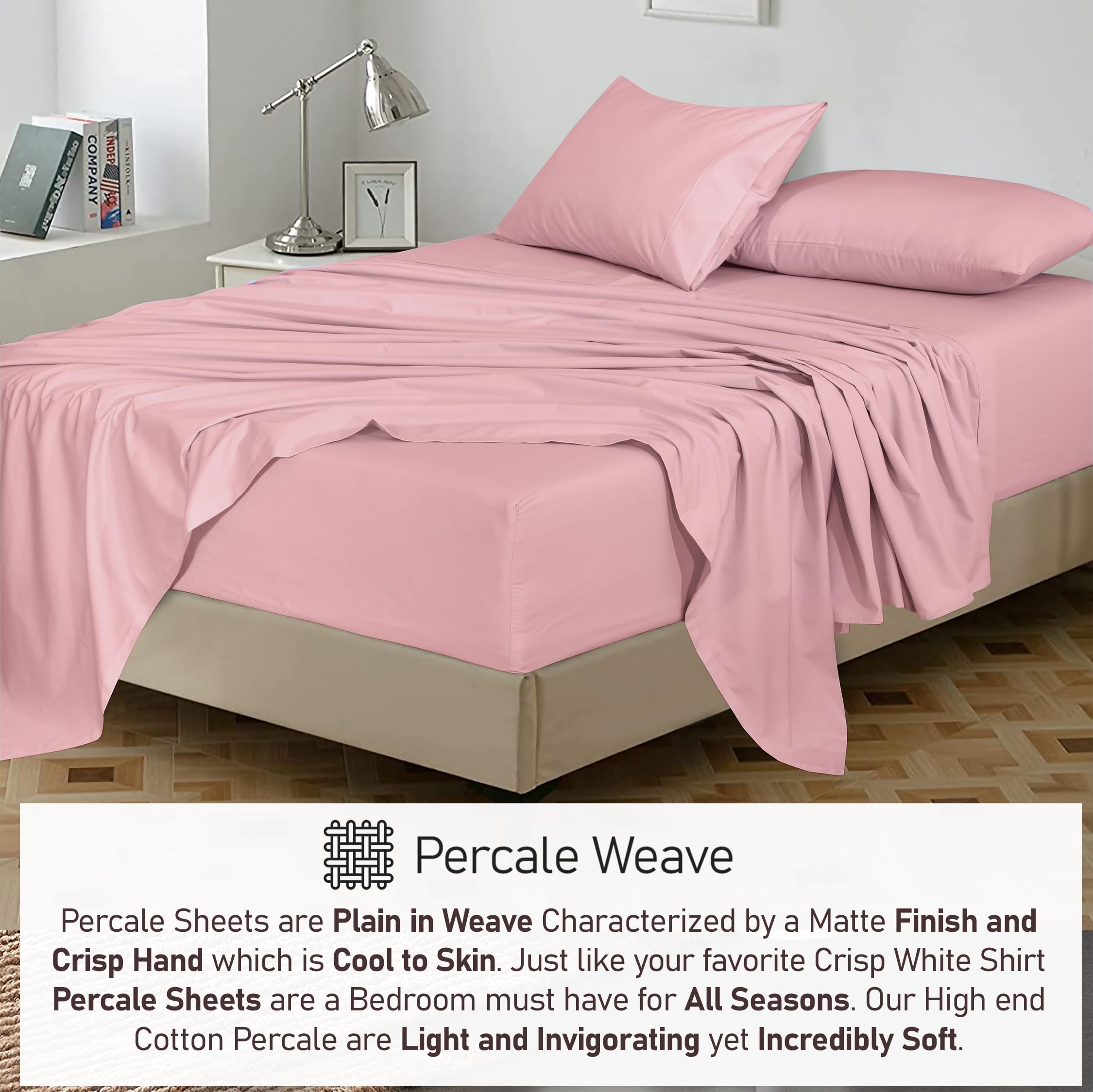 RUVANTI 100% Cotton Sheets for Queen Size Bed - Crispy Cooling Percale Sheets - Breathable & Durable Queen Sheet Set - Deep Pocket 16 Inches (Fits up to 18") - Bridal Rose - 4 Pieces