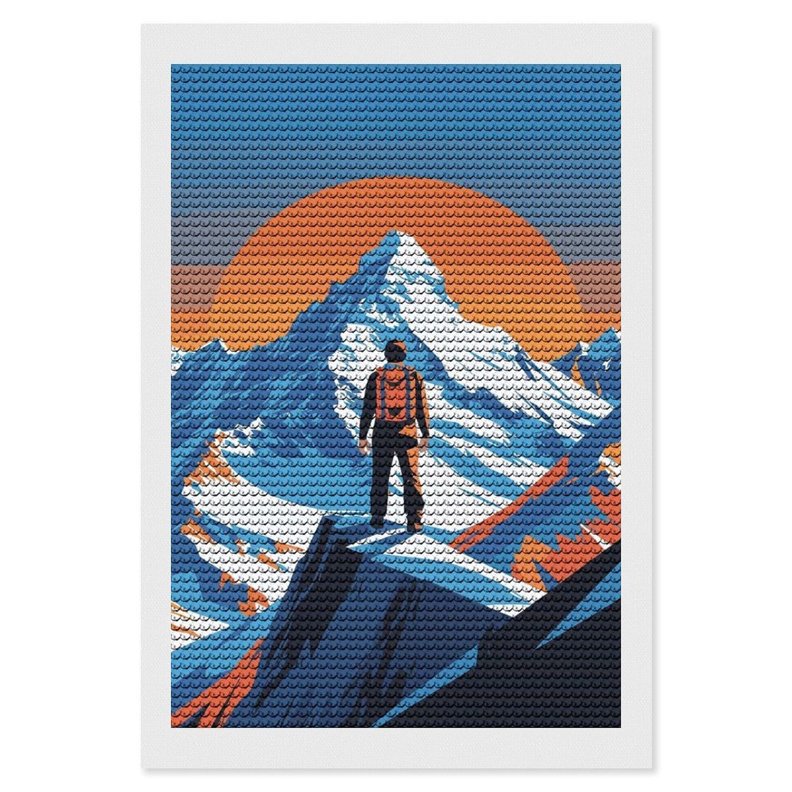 Junmoney Mountain Climber at Peak Vector Illustration Diamond Art Kit 8"x12", Holiday Gift Idea, for Women, Easy Handmade Project, Vintage Style Decor, Printed Canvas