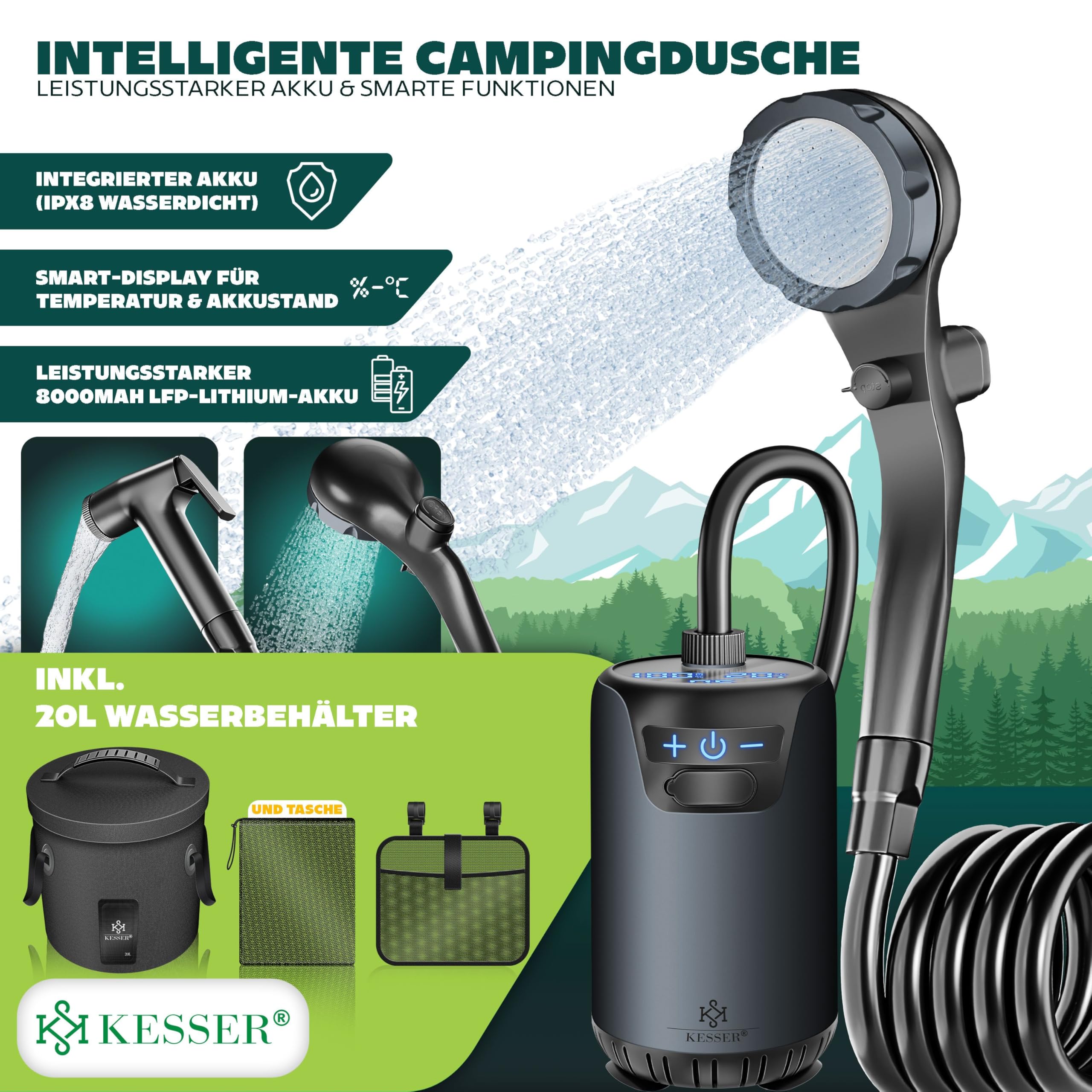 KESSER® Doccia solare da campeggio con pompa e batteria ricaricabile da 4000 mAh, set doccia da campeggio con soffione doccia regolabile, tubo da 2 m, pistola a spruzzo e supporto