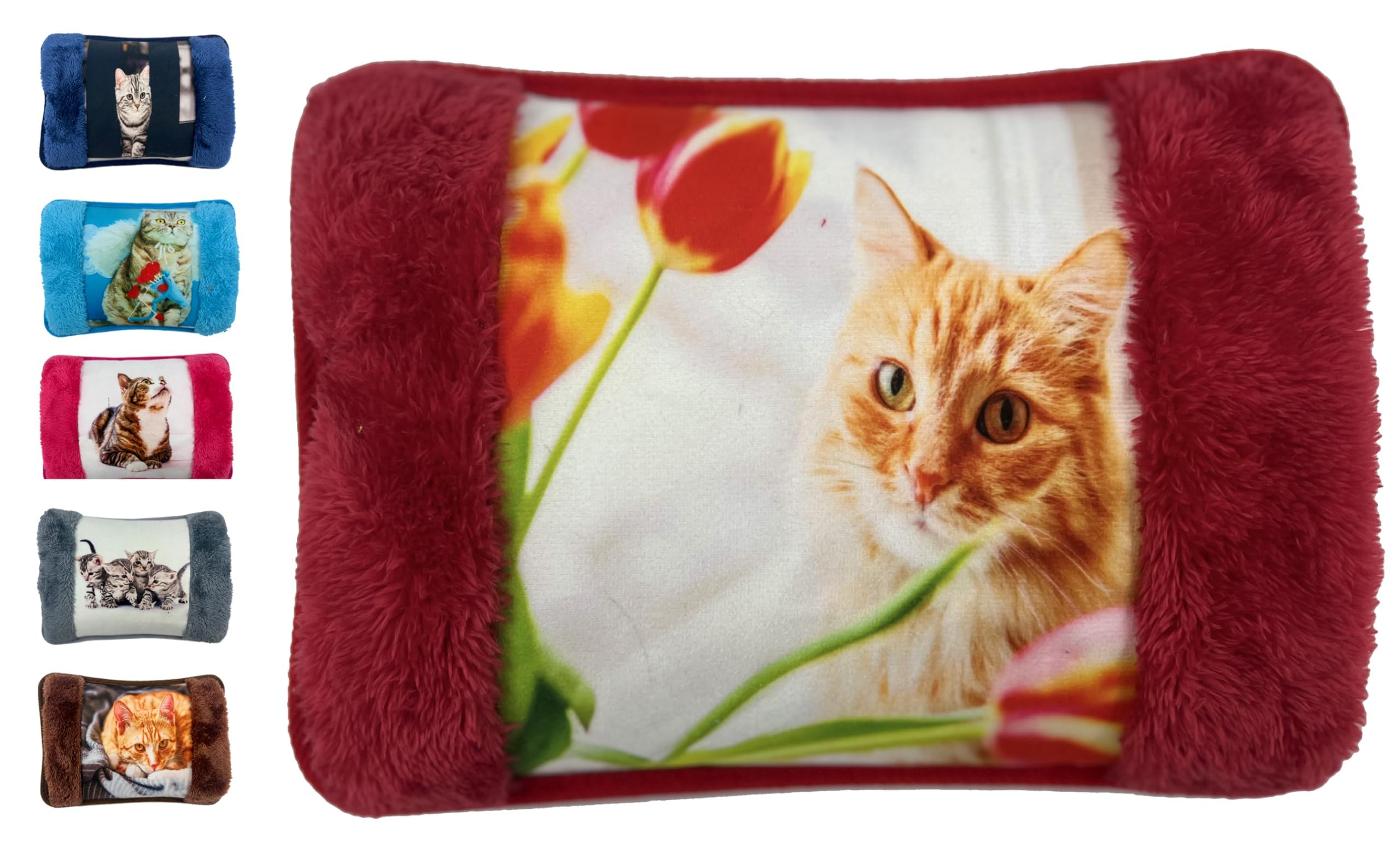 Borsa Acqua Calda Elettriche con Morbida Fodera in Peluche; 500 watt;Temperatura max 75°C;utile come Scaldamani e Scaldapiedi;Ideale per Alleviare Dolori Muscolari,Dorsali e Mestruali(Rosso-Gatto)