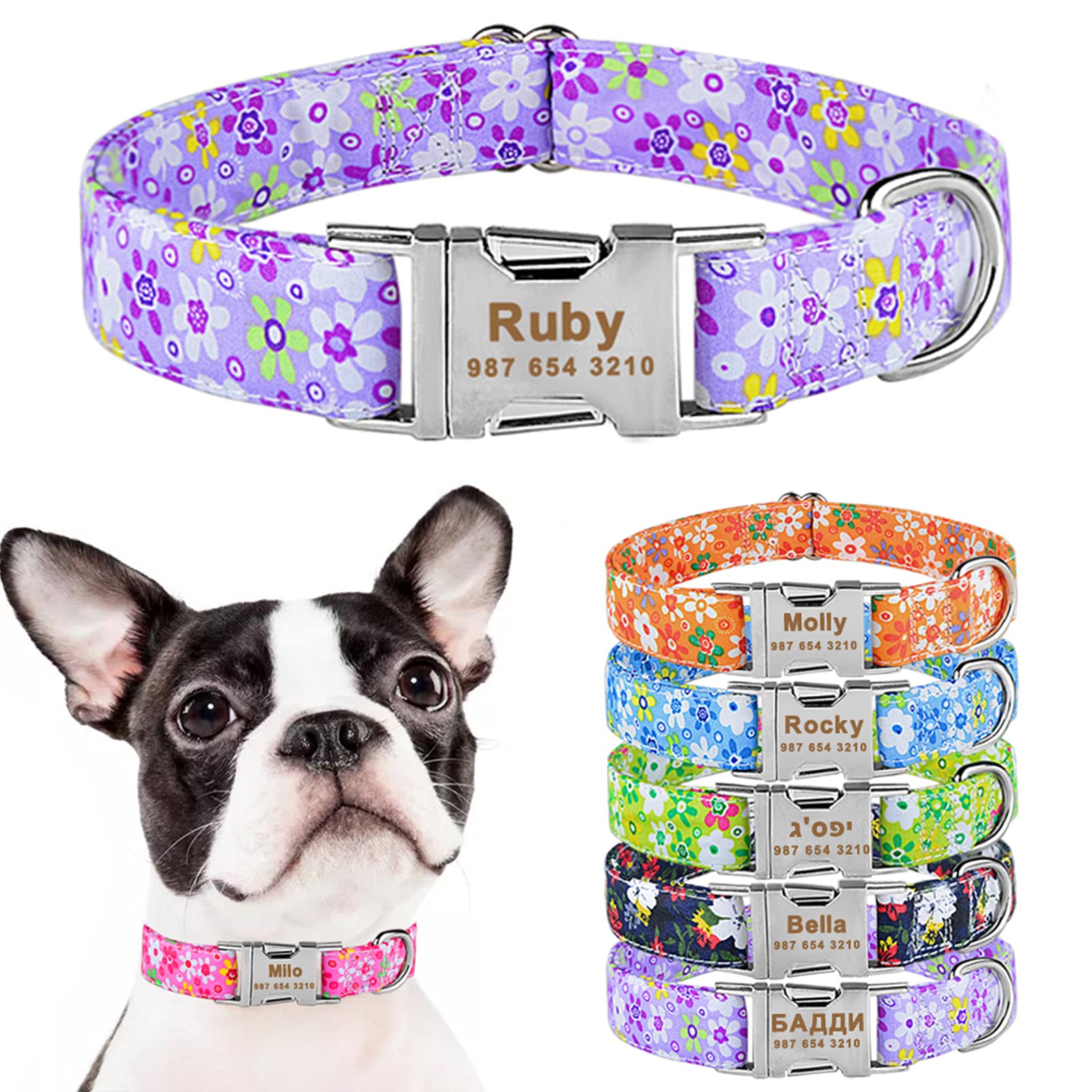 PETCARE Personalized Dog Collar Engraved Pet Name and Phone Number Custom Cute Floral Adjustable Small Medium Large Big Dog Collars