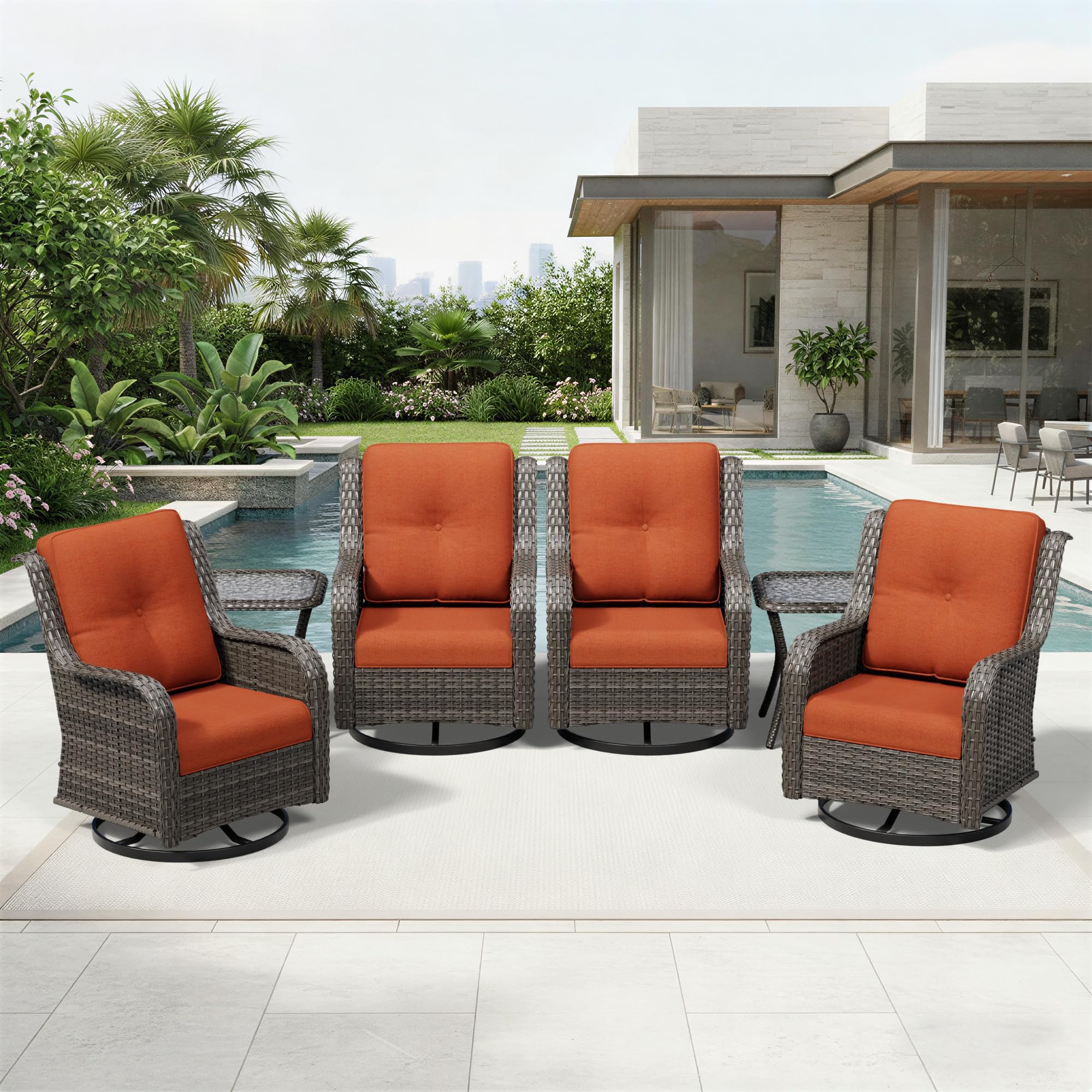 Joyside 6 Piece Wicker Patio Furniture Set, Outdoor Swivel Rocker Patio Chairs with High Back, Deep Seating, Wide Armrest, Thickened Cushions, Outdoor Furniture for Deck, Porch Use
