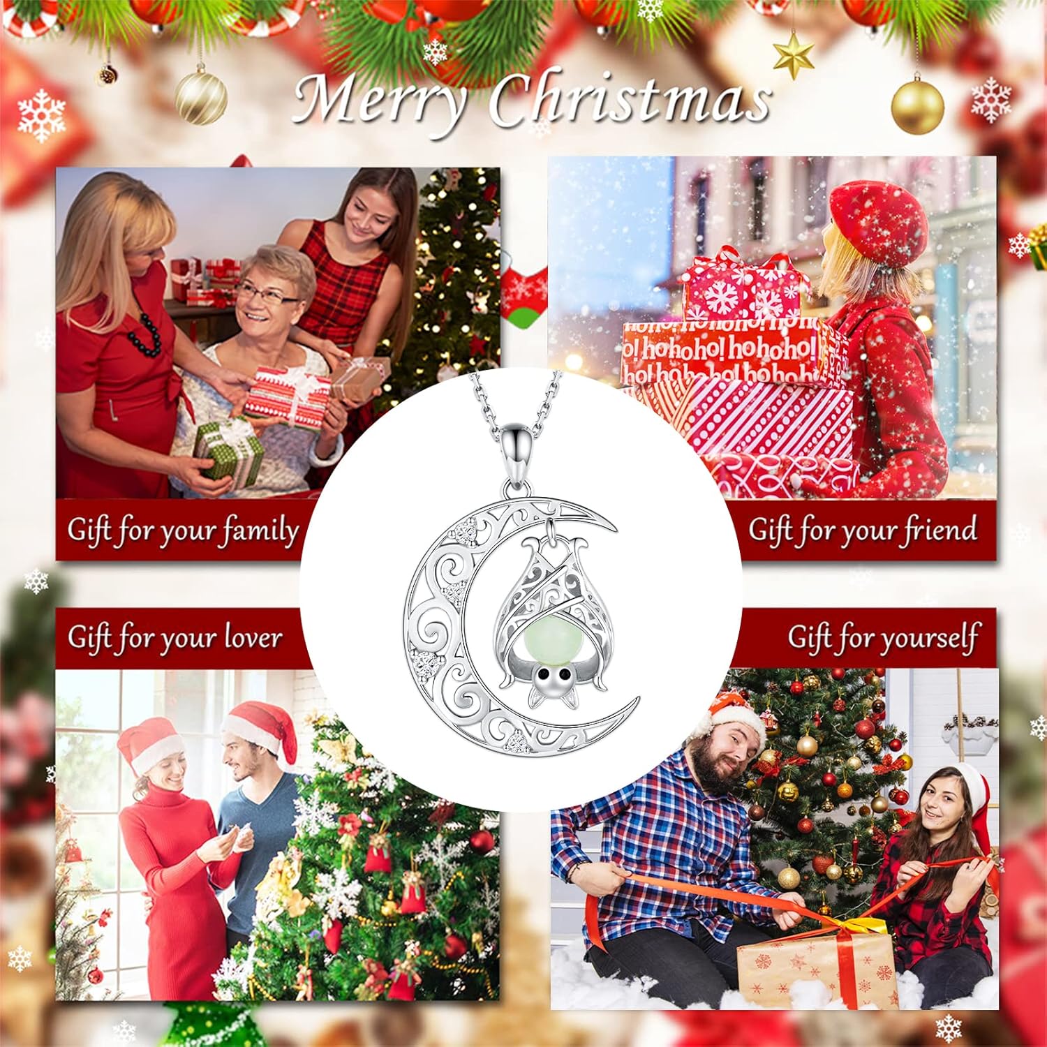 925 Sterling Silver Bat Necklace - Glowing in The Dark Bat Moon Pendant Halloween Jewelry Gift for Women