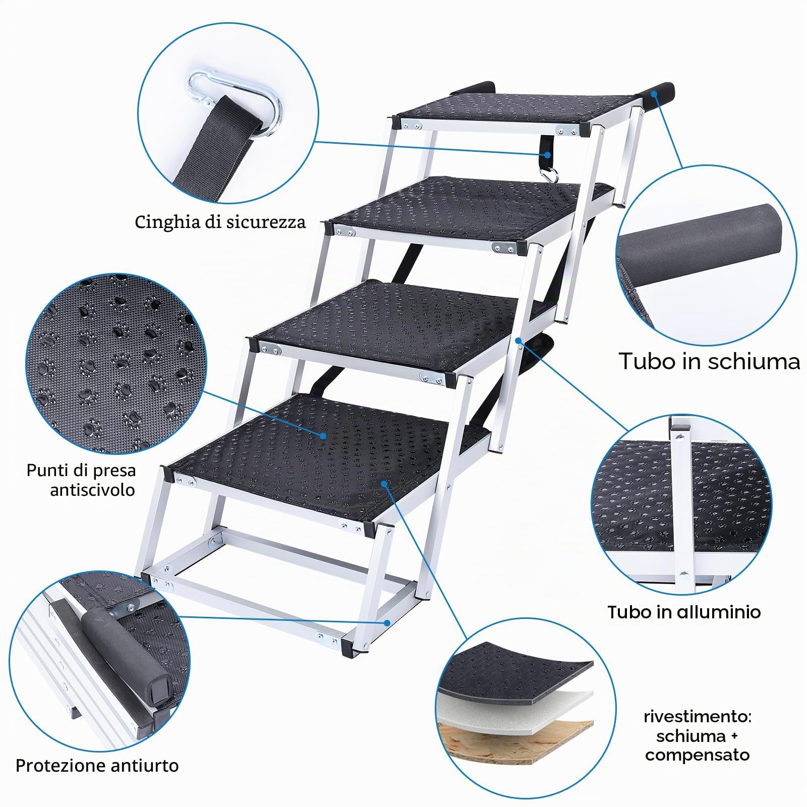 Rampa per cani a 5 stpes per auto: gradini extra larghi con tappeto antiscivolo, rampa pieghevole in alluminio portatile per animali domestici, per auto, SUV e camion, supporta fino a 70 kg