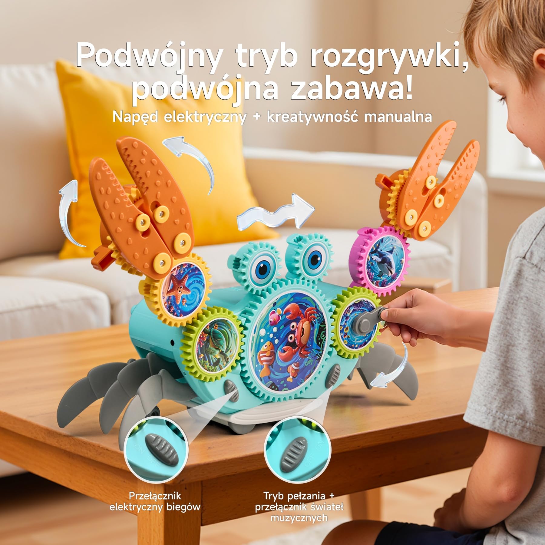 Klocki zębate krab, kreatywna zabawka konstrukcyjna z ruchem bocznym, muzyką i światłem, Montessori sensoryczna edukacyjna z wykrywaniem przeszkód, dla dzieci od 3 lat
