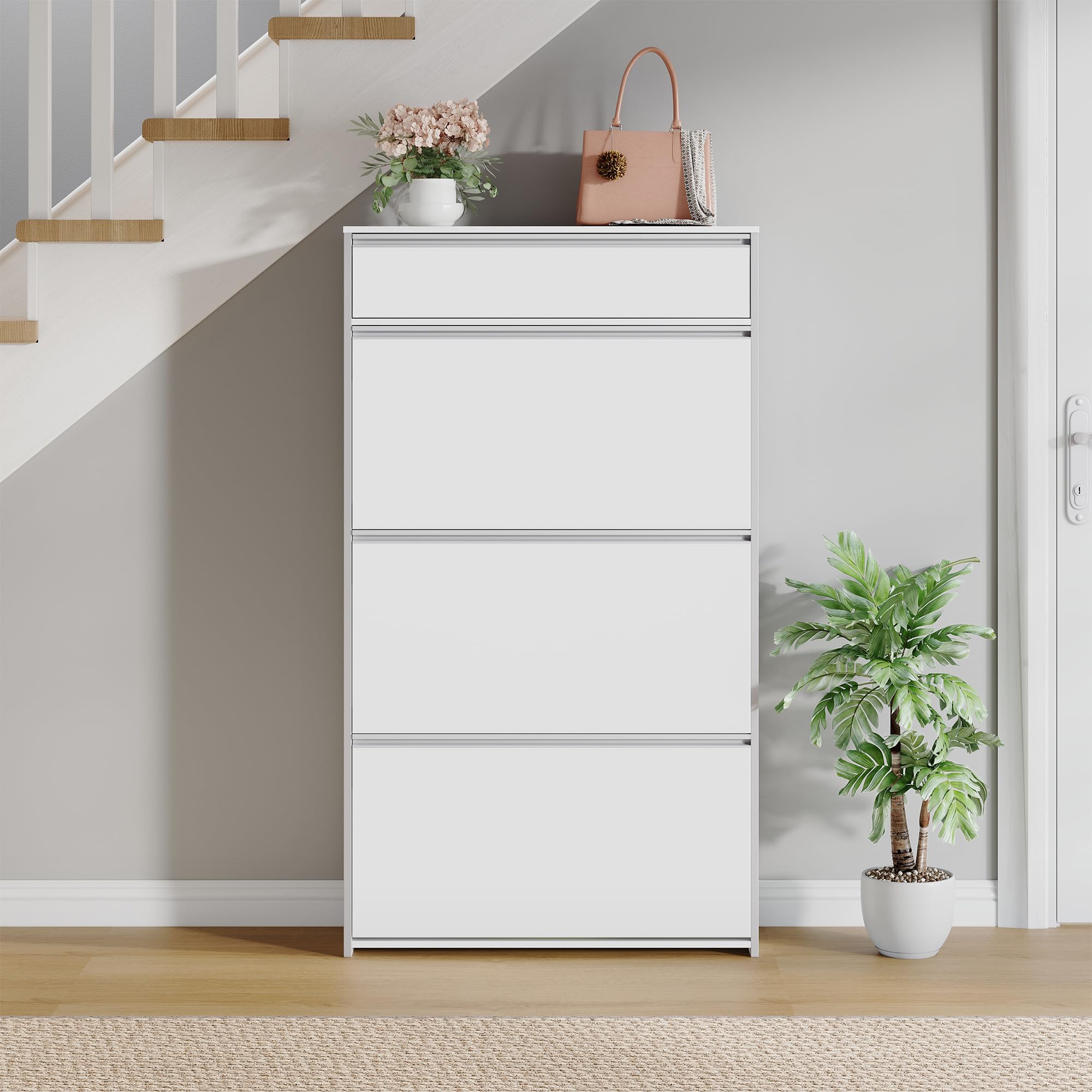 HEXCELEN Armario Zapatero Estrecho con 3 Puertas Abatibles, Zapatero con Cajón, Divisor Ajustable y Desmontable, para 18-24 Pares, para Pasillo, Entrada, 80 x 24 x 137,5 cm, Blanco-Plata