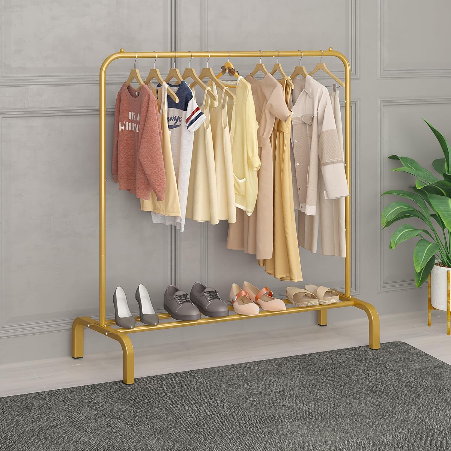 EVRUM Metal Single Garment Stand with Bottom Shelves Garment Rack Metal Coat Hanging Rack with Multipurpose Shelf Clothes Shoes Blanket Standing Storage Organizer 4 Hooks Coat Rack -Golden 2