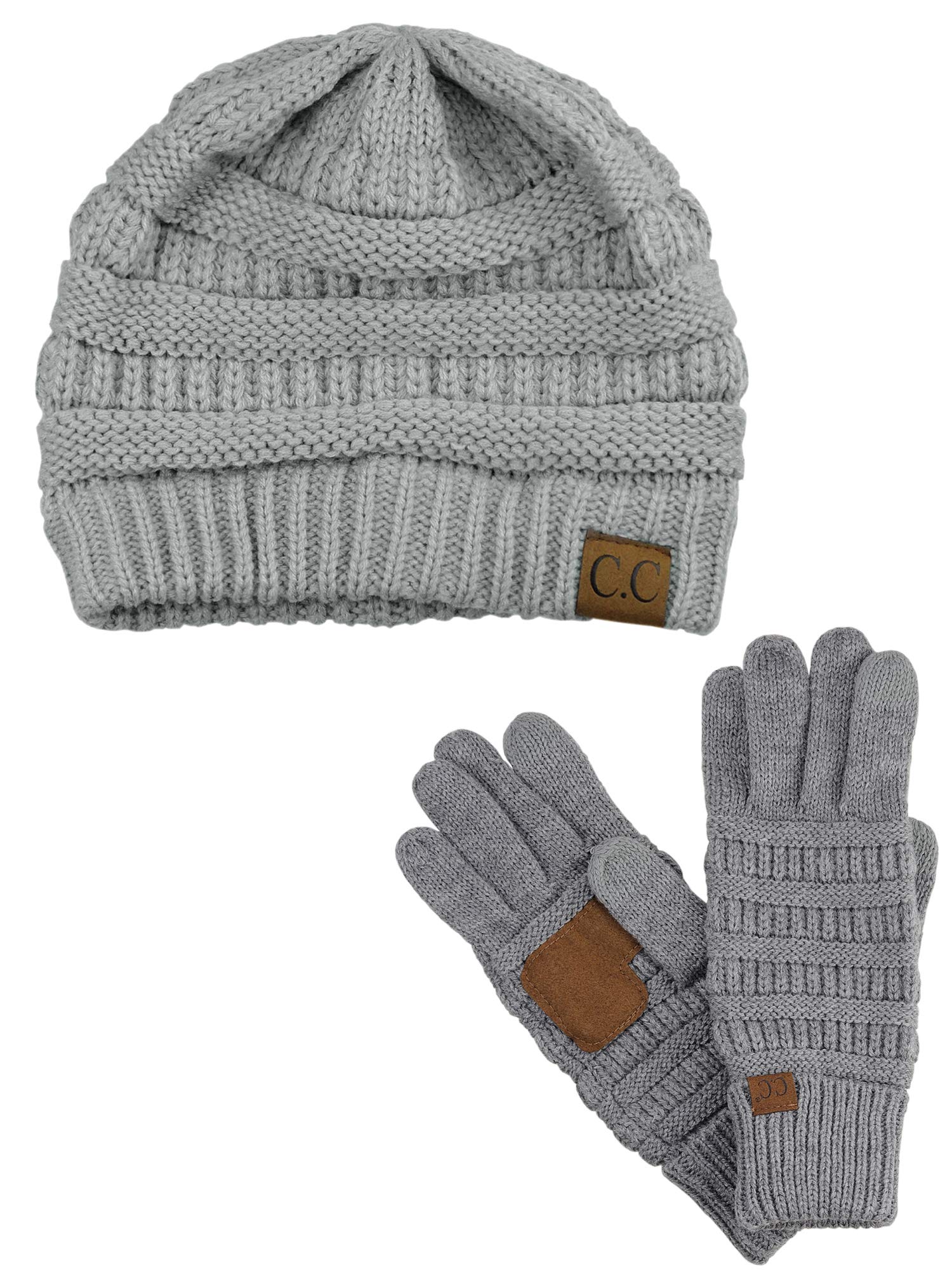 Unisex Soft Stretch Cable Knit Beanie and Anti-Slip Touchscreen Gloves 2 Pc Set, Light Melange Gray-image-11