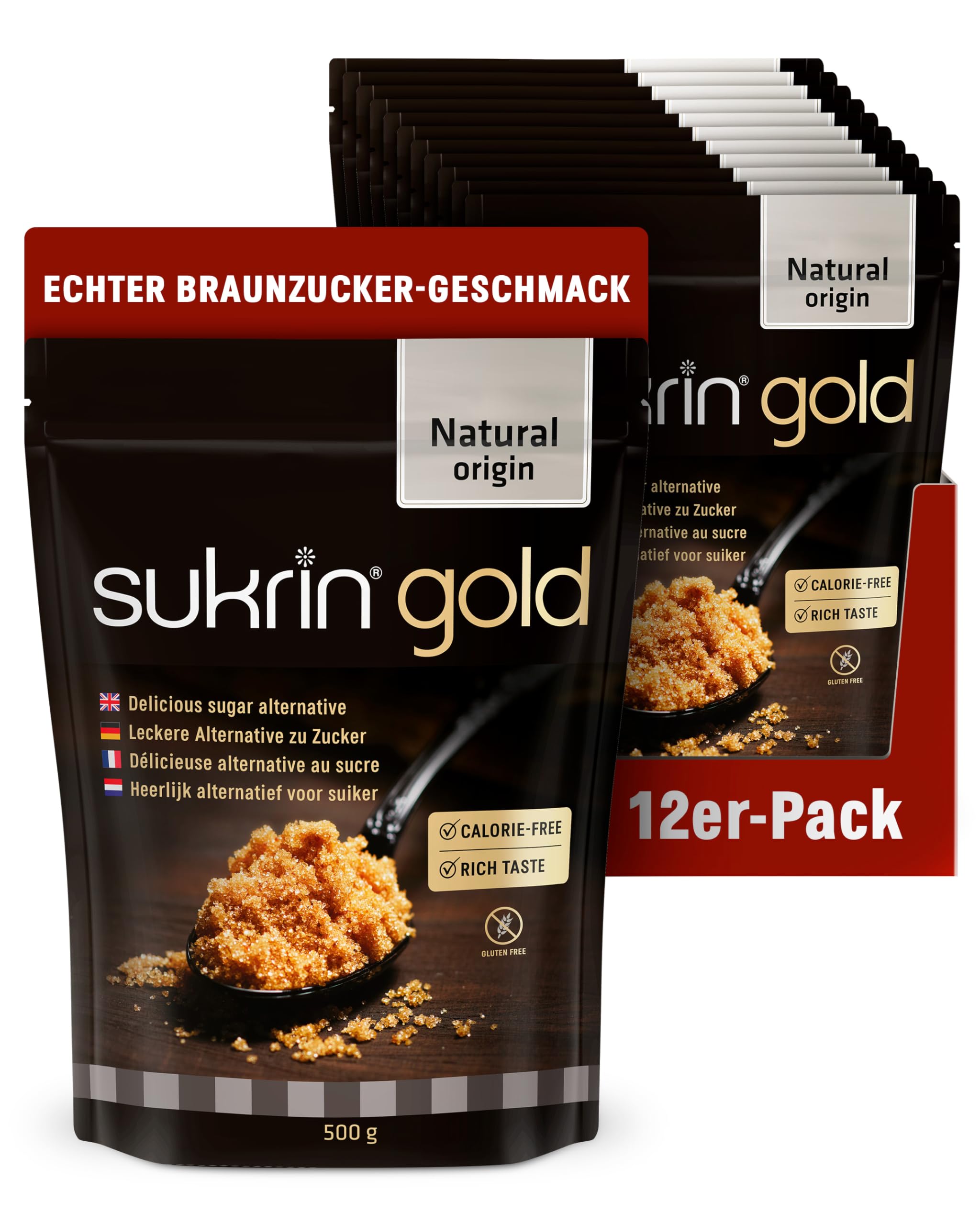 SUKRIN Gold natürliche Alternative zu Brauner Zucker und Rohrzucker, kalorienfreier Zuckerersatz mit Erythrit Stevia Mischung, Zucker Ersatz, vegan, glutenfrei, Non-GMO, keto-freundlich, 12x 500g